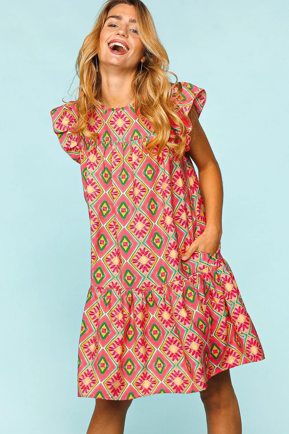 🌼 Haptics Full Size Ruffled Printed Dress with Side Pockets 🌼