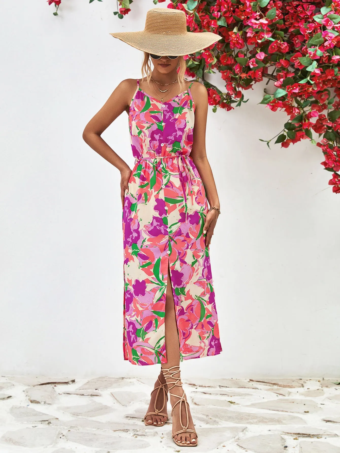 🌼 Printed Spaghetti Strap Front Slit Dress 🌼