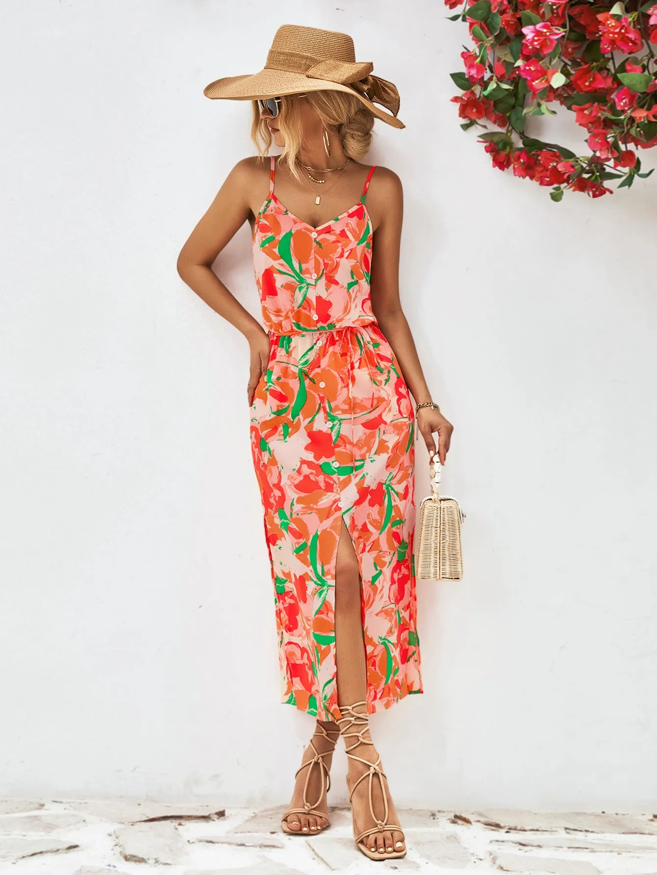 🌼 Printed Spaghetti Strap Front Slit Dress 🌼