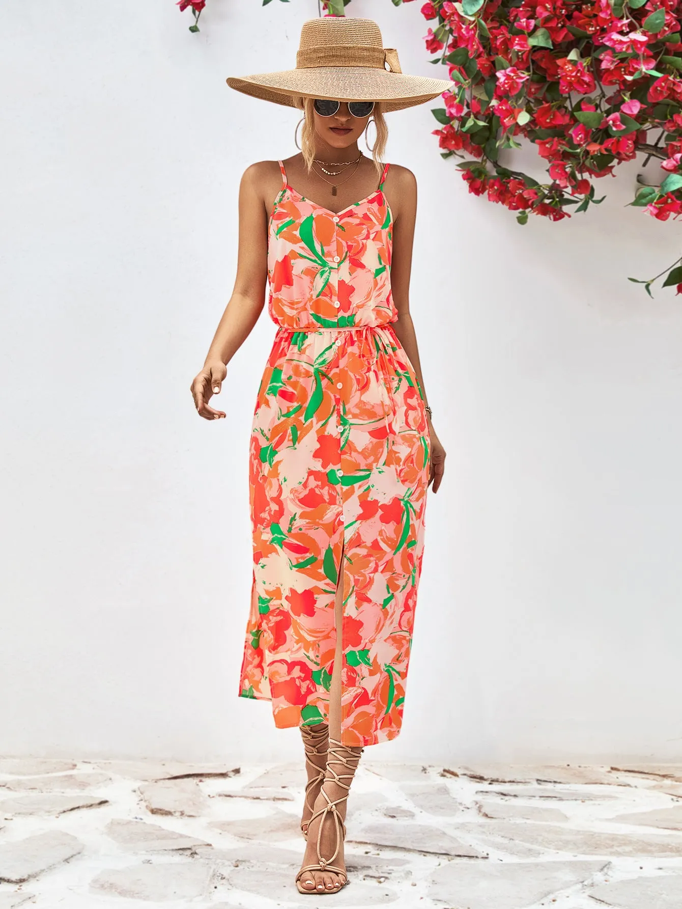 🌼 Printed Spaghetti Strap Front Slit Dress 🌼