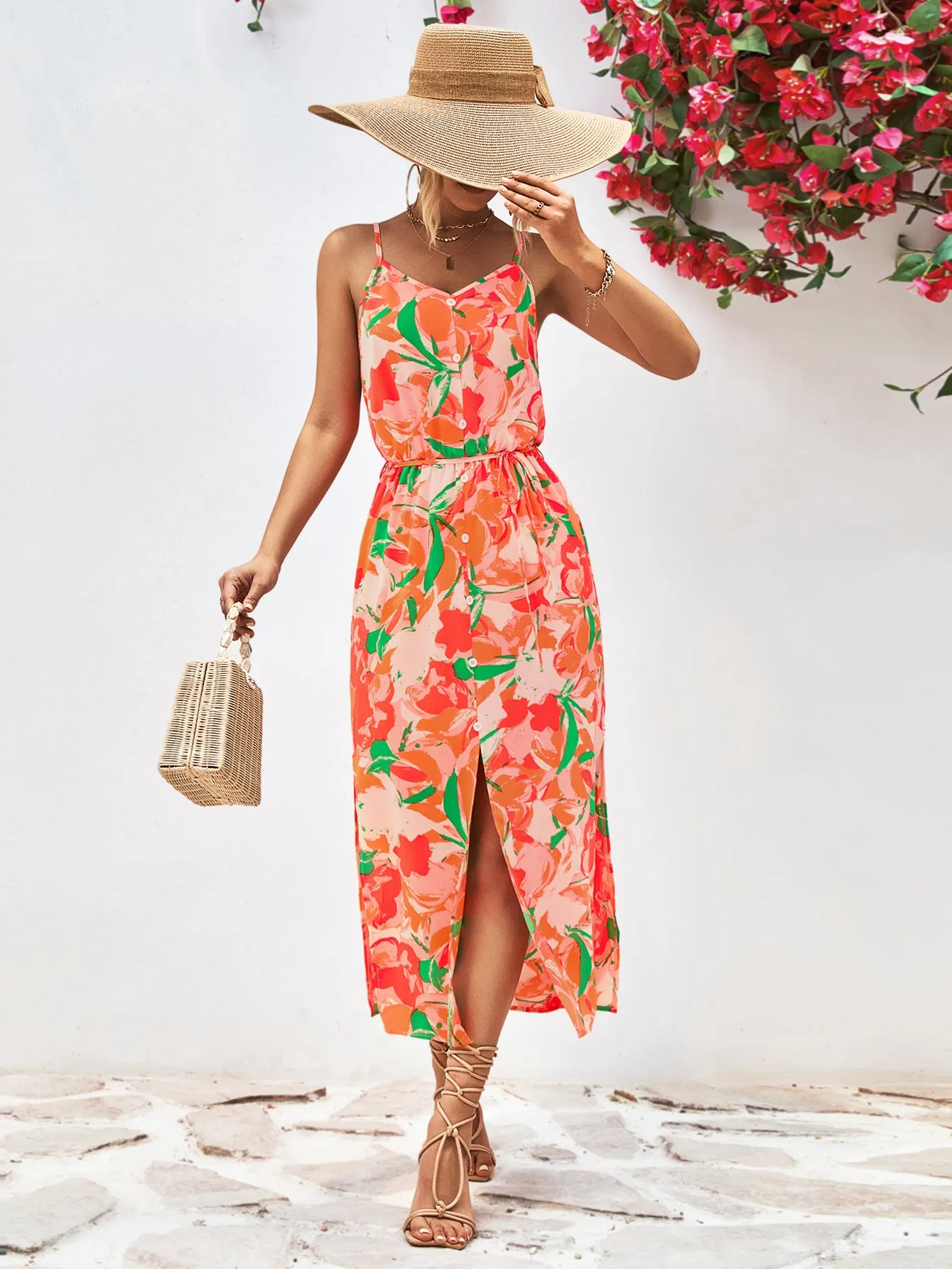 🌼 Printed Spaghetti Strap Front Slit Dress 🌼