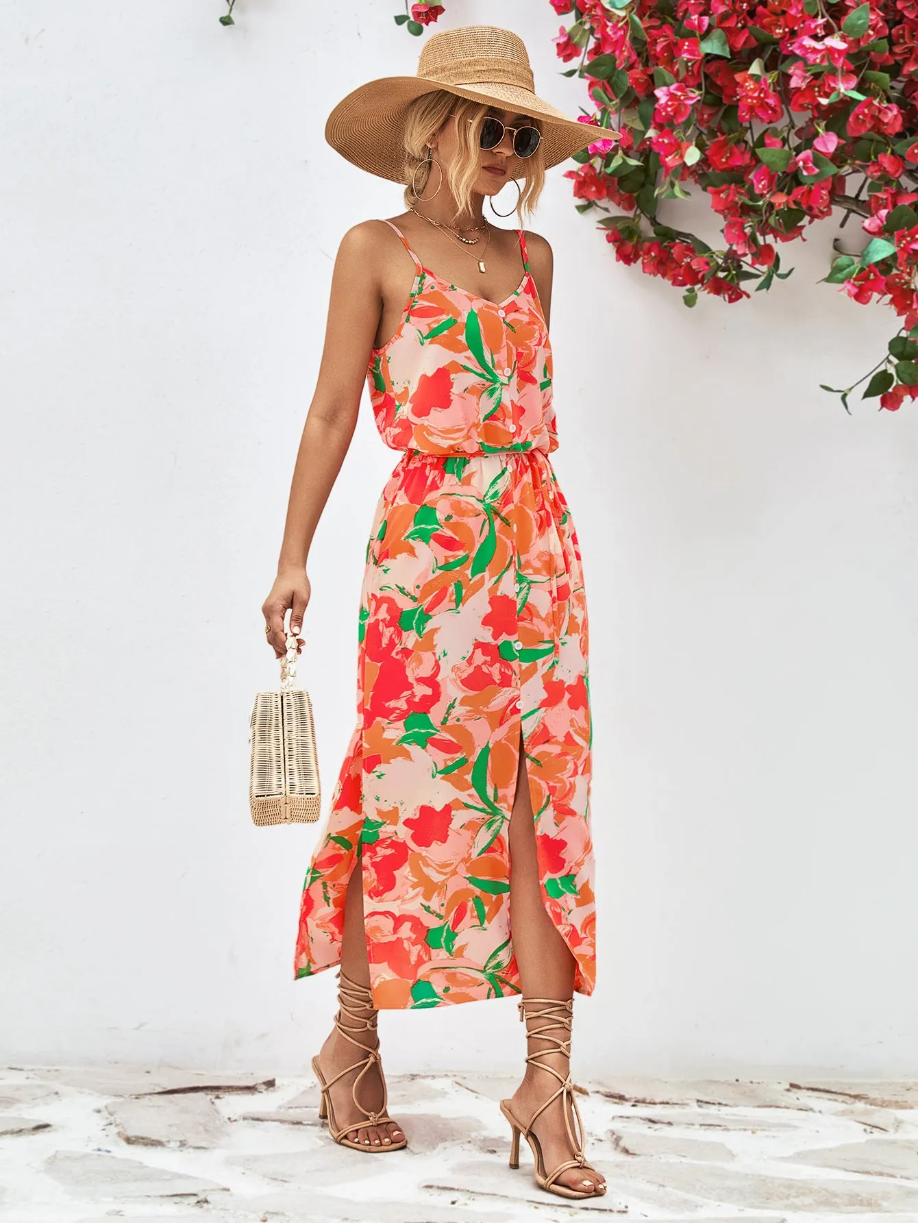 🌼 Printed Spaghetti Strap Front Slit Dress 🌼