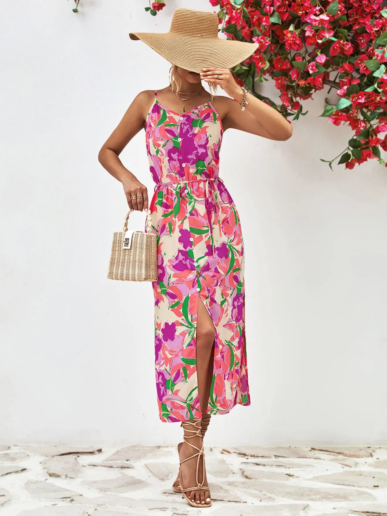 🌼 Printed Spaghetti Strap Front Slit Dress 🌼