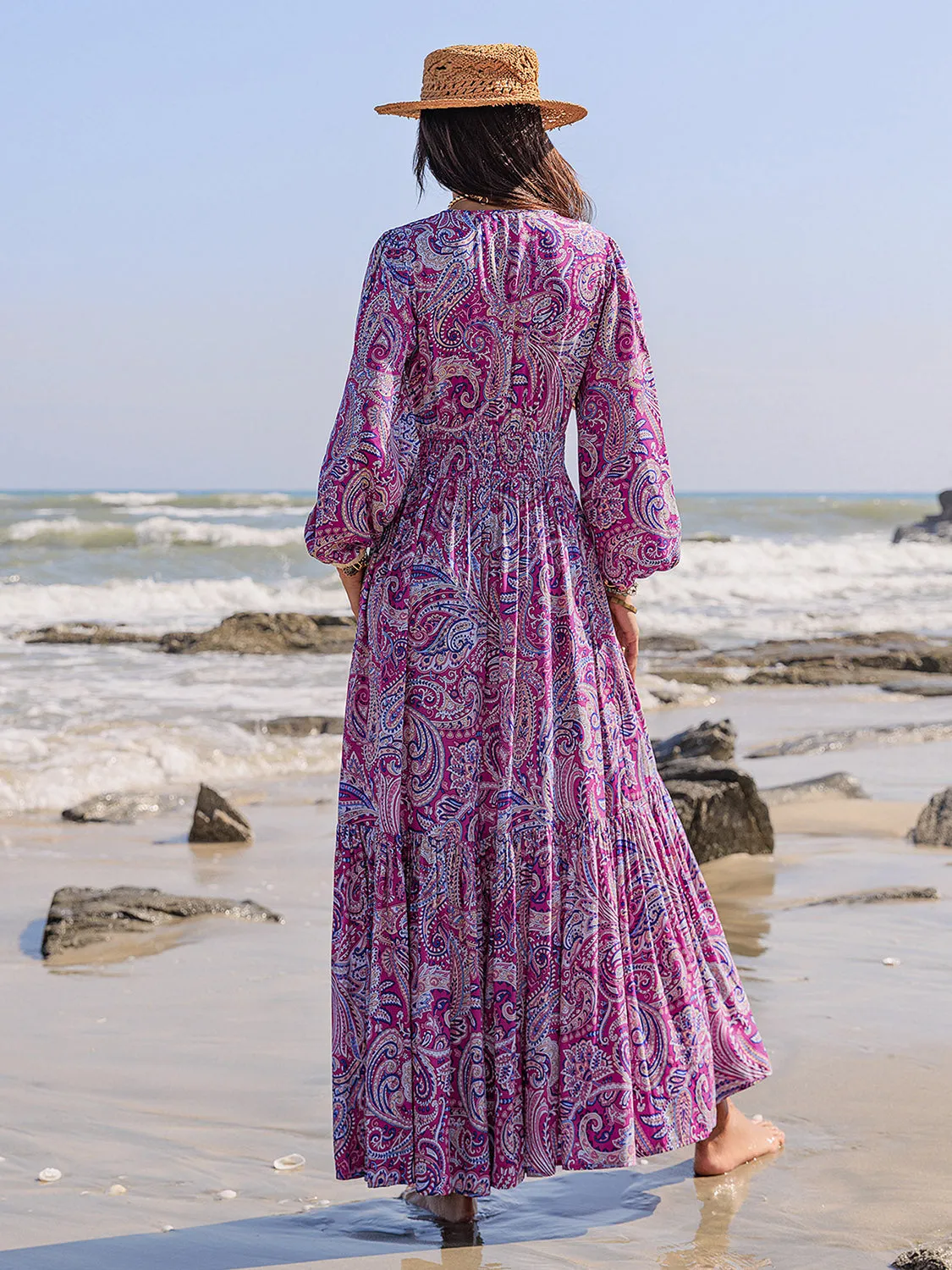 🌼 Printed Tie Neck Balloon Sleeve Maxi Dress 🌼