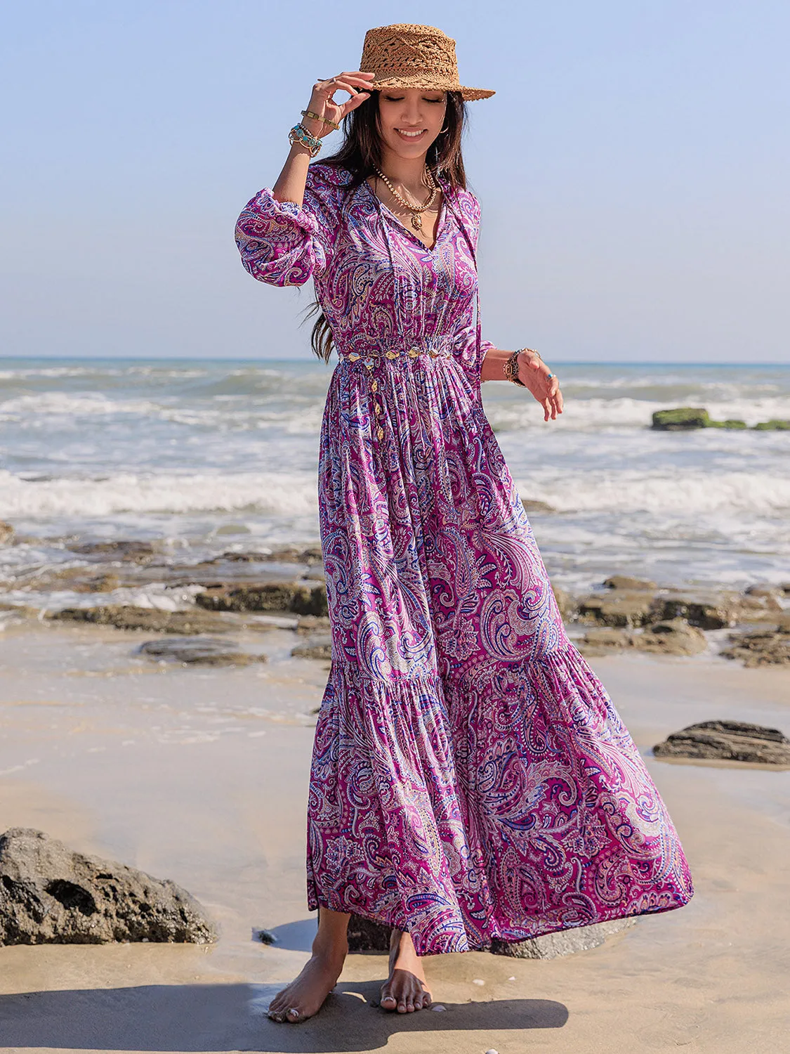 🌼 Printed Tie Neck Balloon Sleeve Maxi Dress 🌼