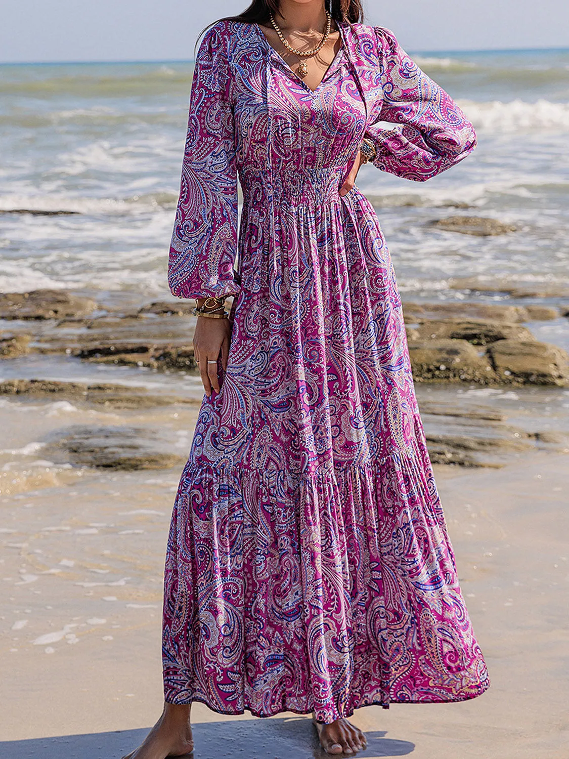 🌼 Printed Tie Neck Balloon Sleeve Maxi Dress 🌼