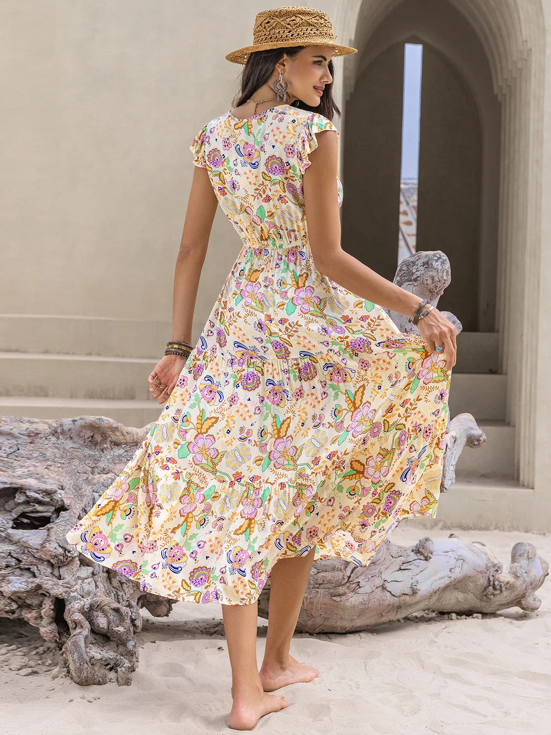 🌼 Ruched Printed Cap Sleeve Midi Dress 🌼