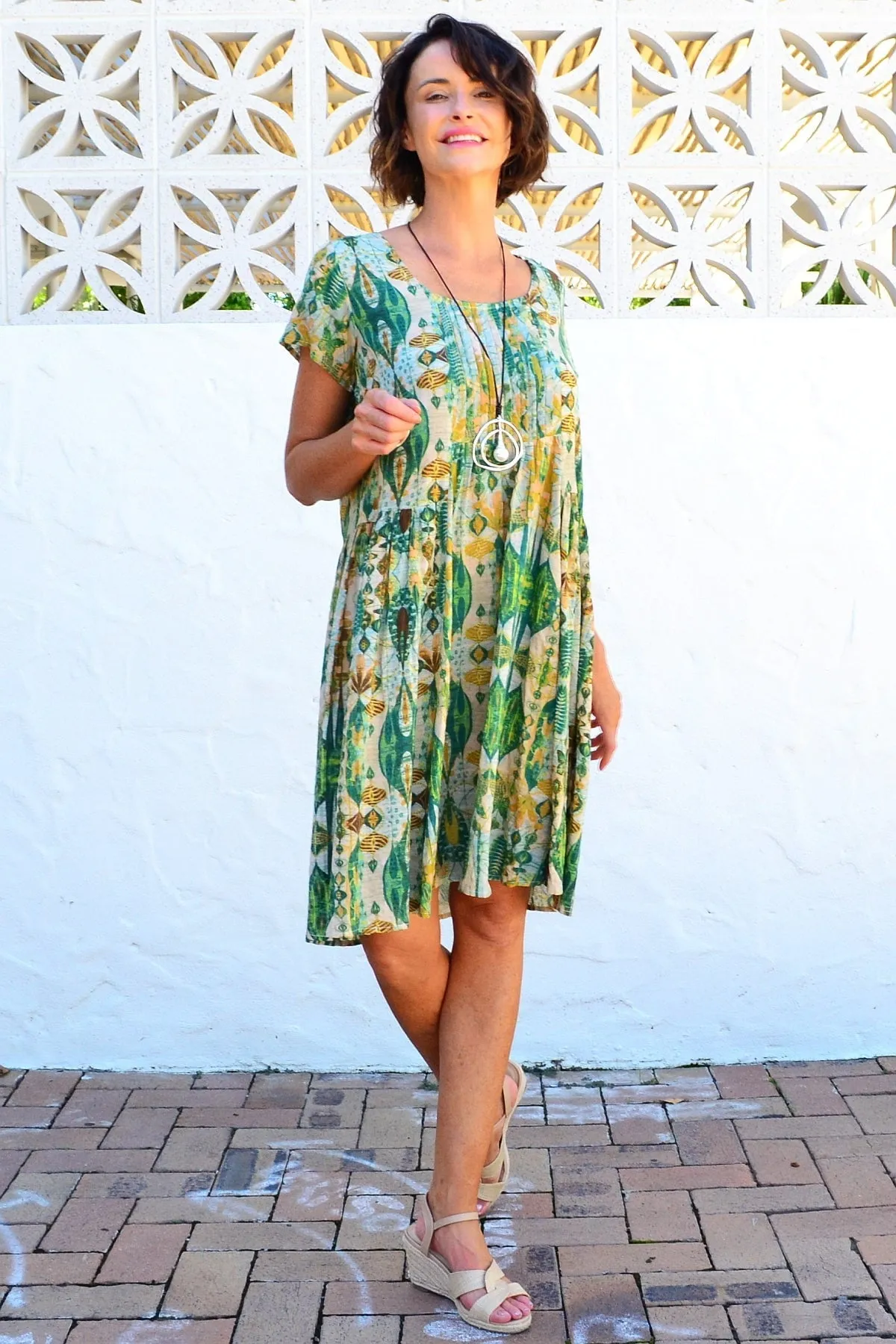 Abstract Green Pintuck Pleats Tunic Dress