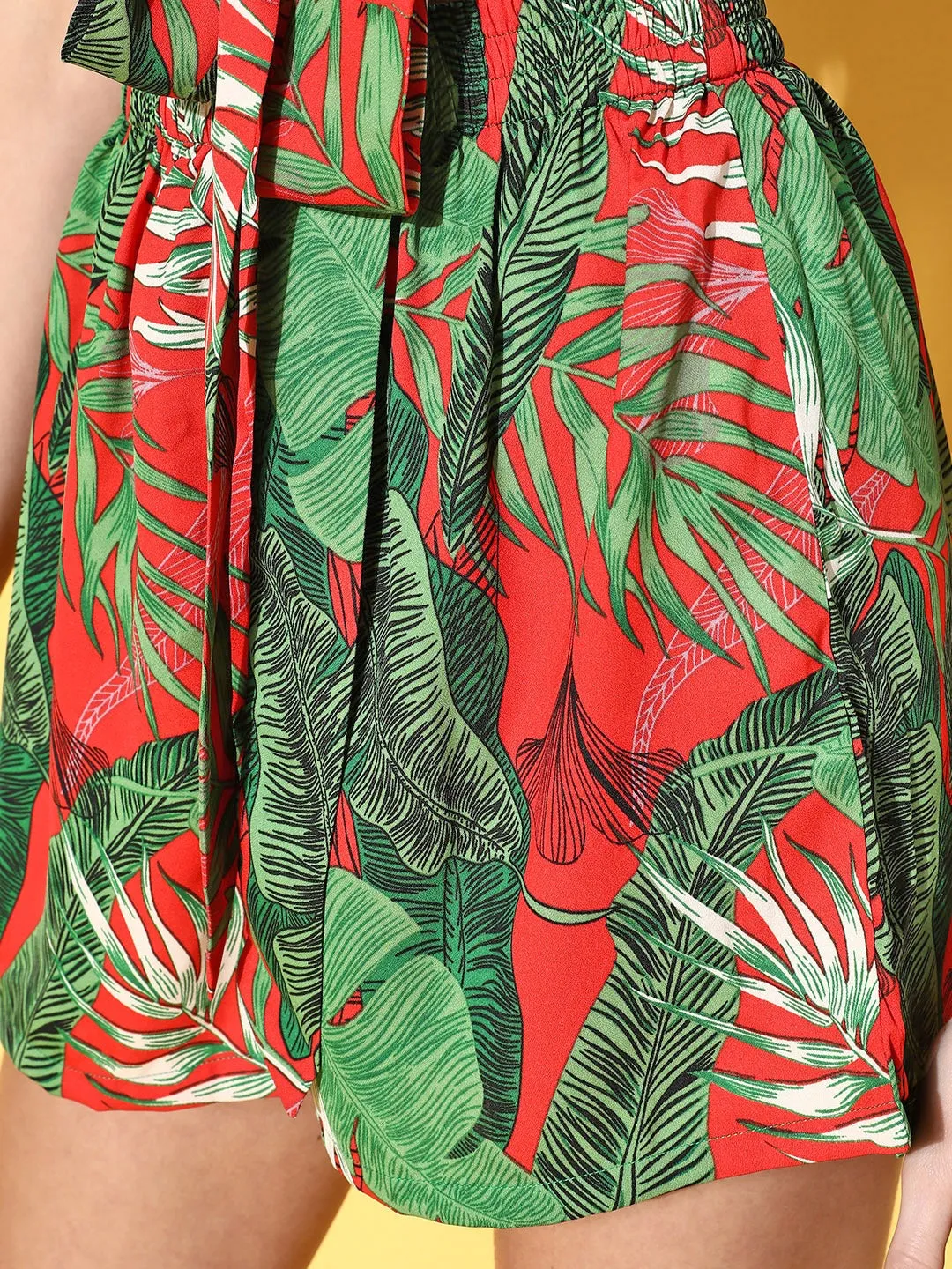 Berrylush Women Red & Green Tropical Printed V-Neck Front Tie-Up Crop Top & Mini Shorts Co-Ord Set