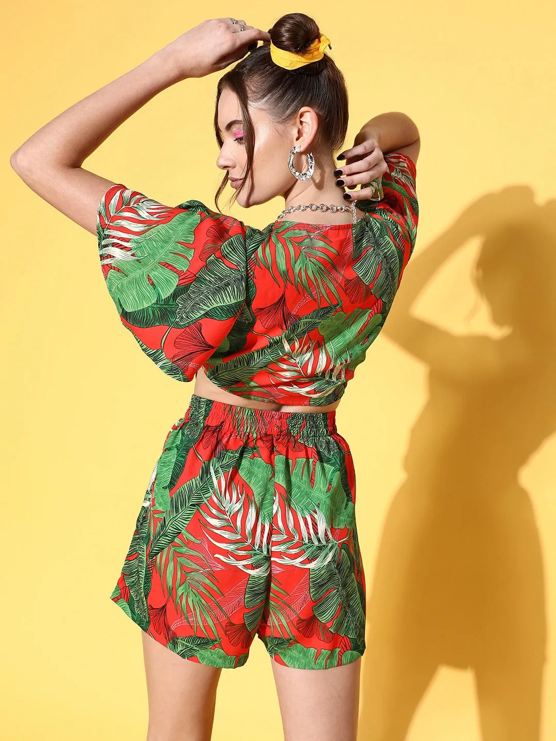 Berrylush Women Red & Green Tropical Printed V-Neck Front Tie-Up Crop Top & Mini Shorts Co-Ord Set