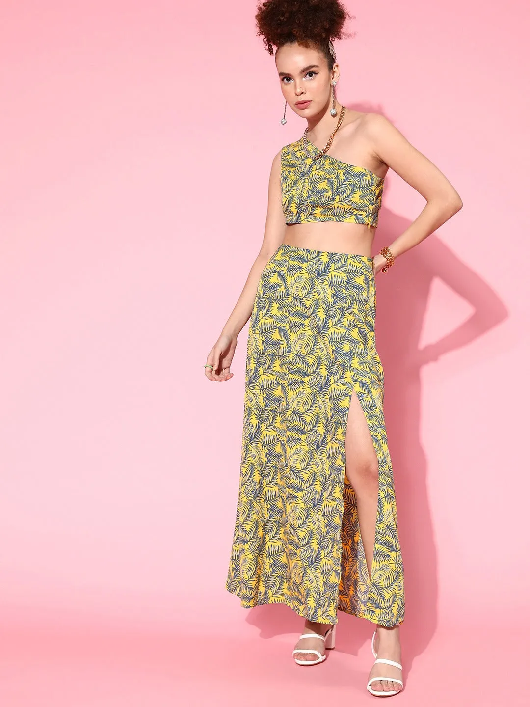 Berrylush Women Yellow & Green Floral Printed One-Shoulder Neck Thigh-High Slit Maxi Co-Ordinate Set