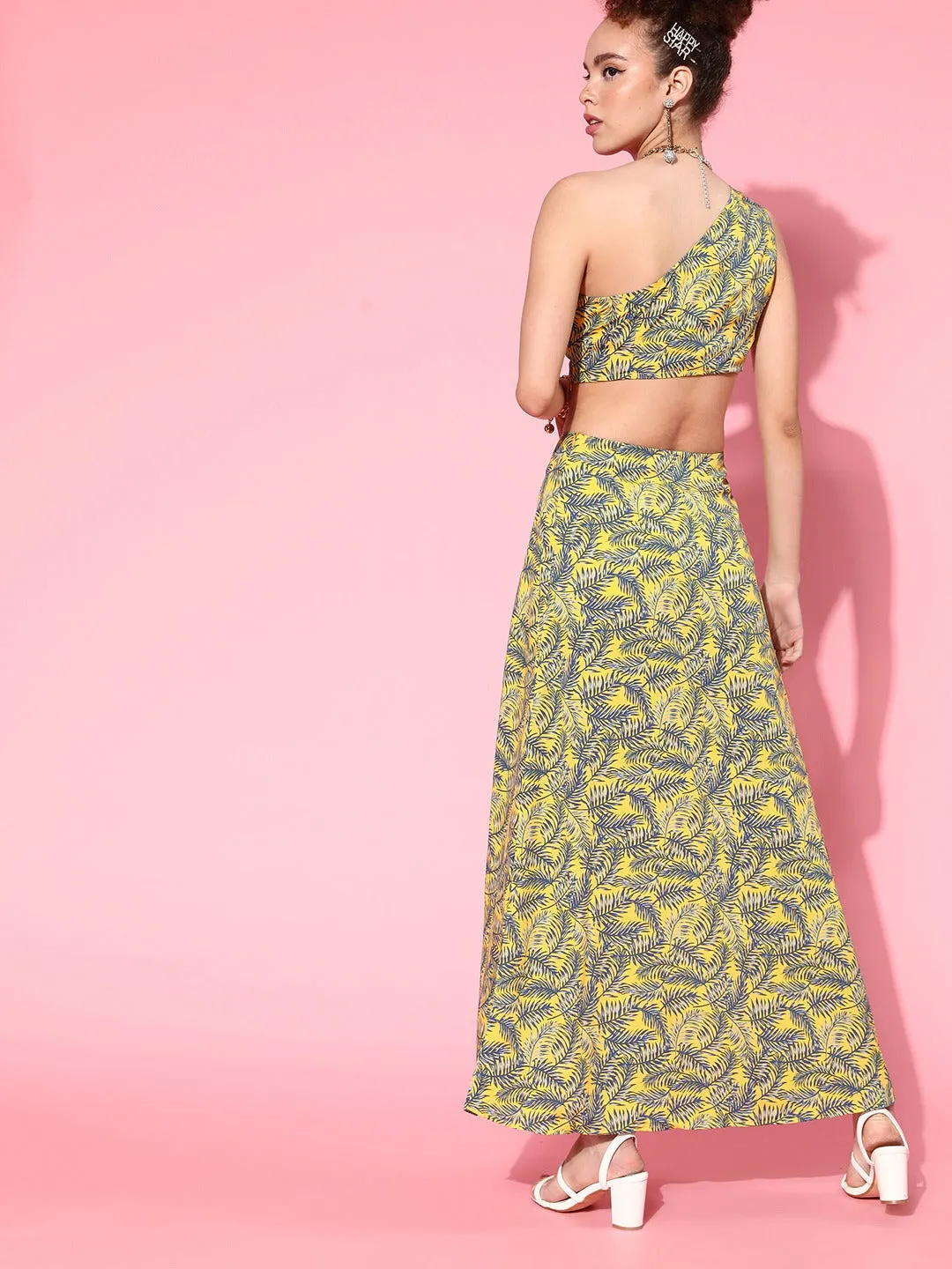 Berrylush Women Yellow & Green Floral Printed One-Shoulder Neck Thigh-High Slit Maxi Co-Ordinate Set