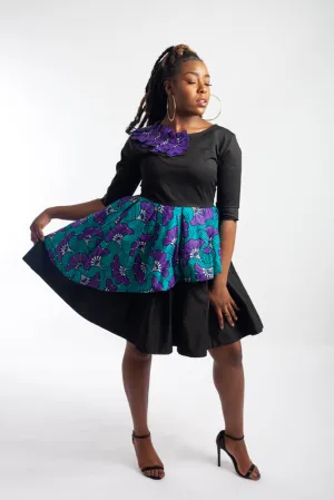 Black / Ankara (Blue and Purple) layered bell dress embellished with Rhinestones