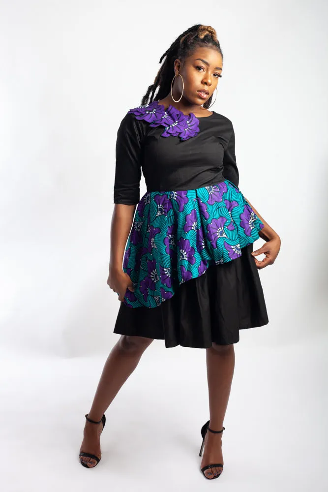 Black / Ankara (Blue and Purple) layered bell dress embellished with Rhinestones