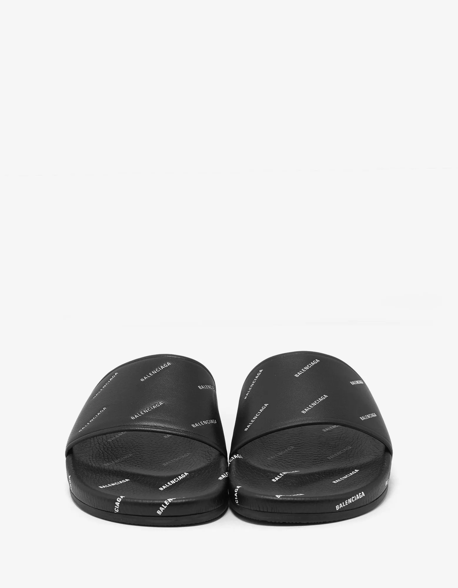 Black Leather All-Over Logo Slide Sandals -