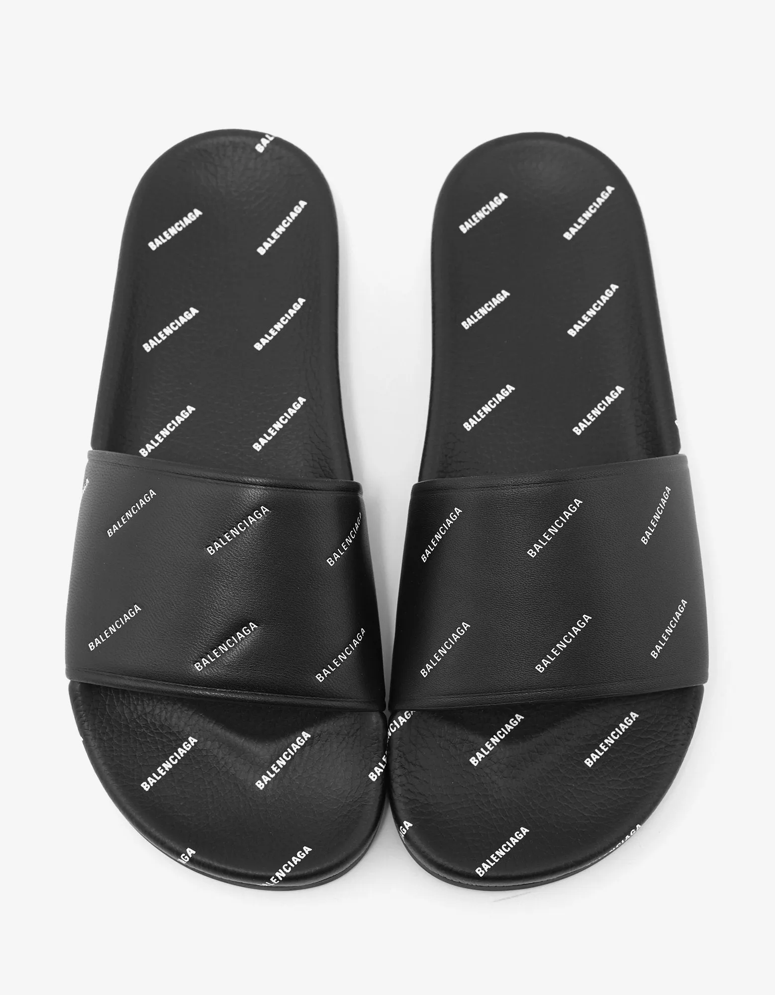 Black Leather All-Over Logo Slide Sandals -