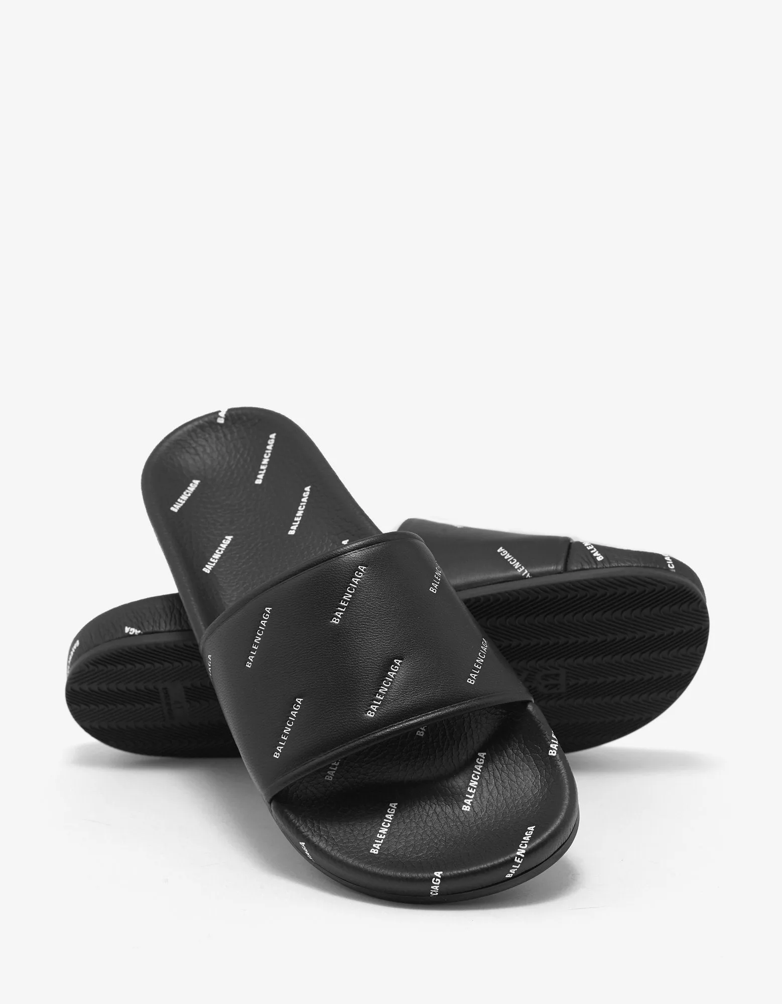 Black Leather All-Over Logo Slide Sandals -