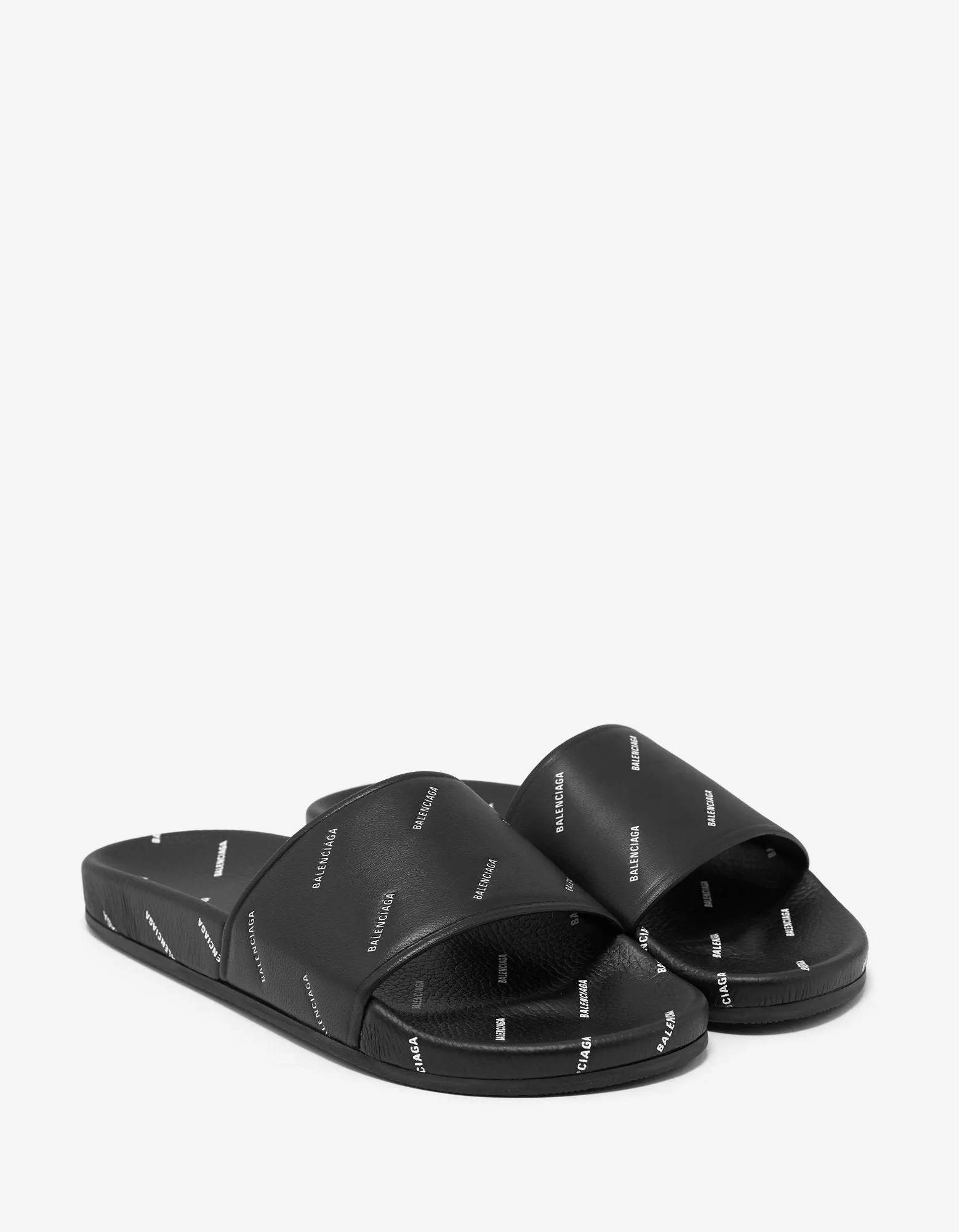 Black Leather All-Over Logo Slide Sandals