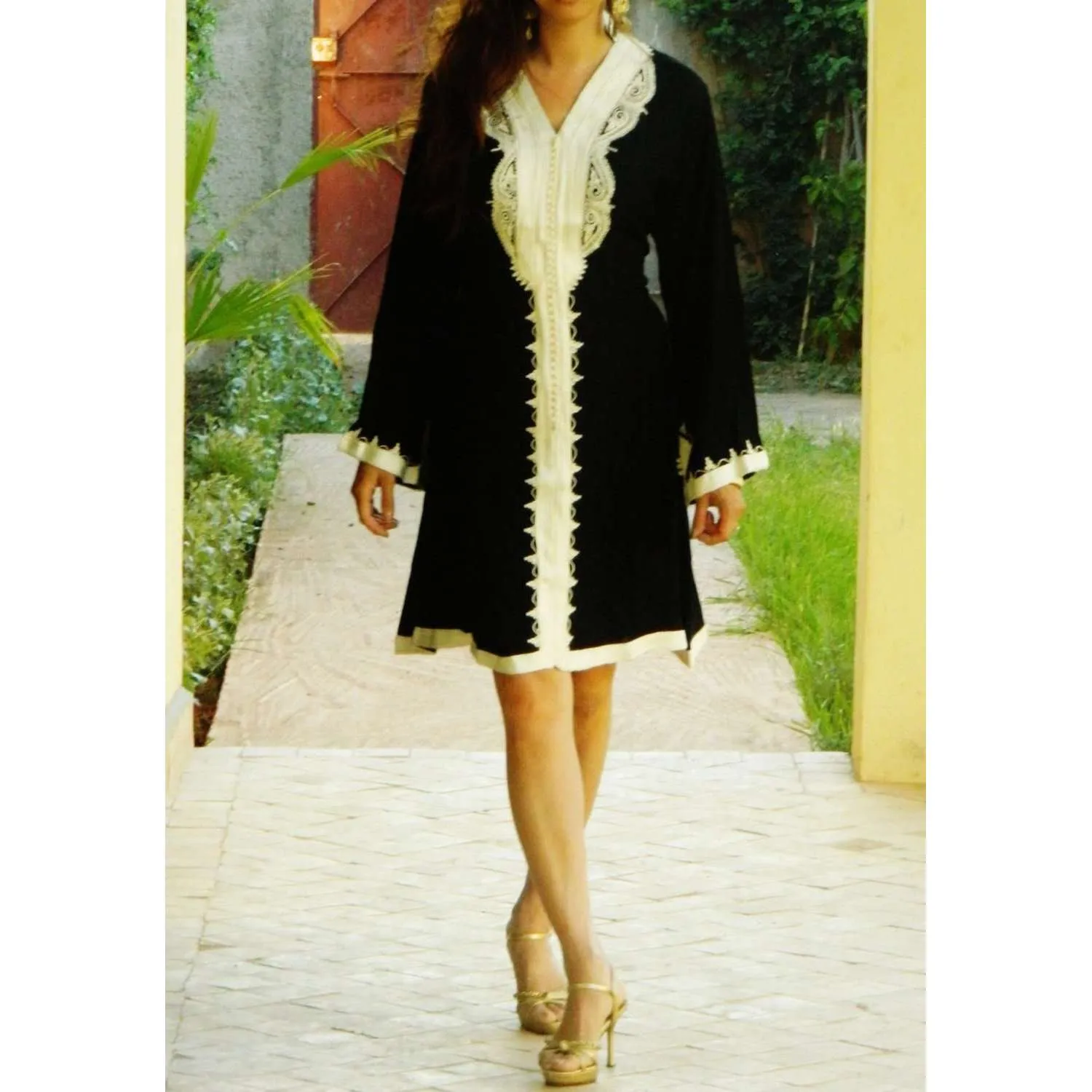 Black Marrakech Moroccan Hand Embroidered Tunic Dress - Fatimah Style