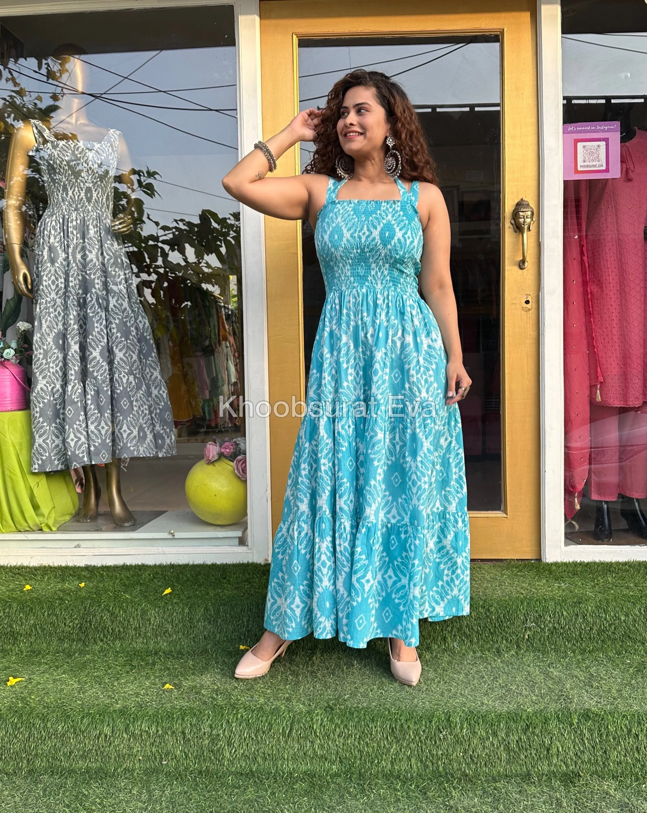 BLUE COTTON TIERED MAXI DRESS