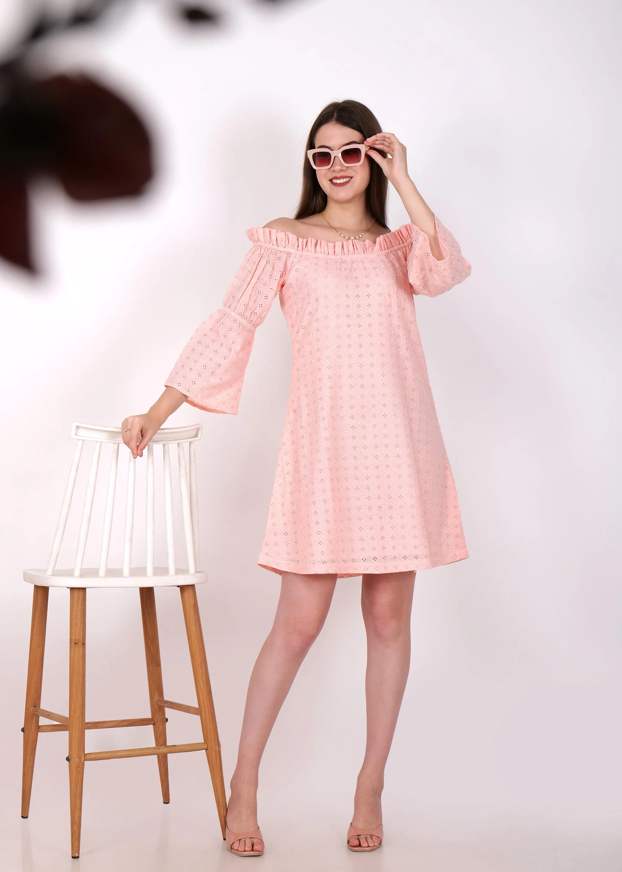 Blush Pink Off-Shoulder Eyelet Dress