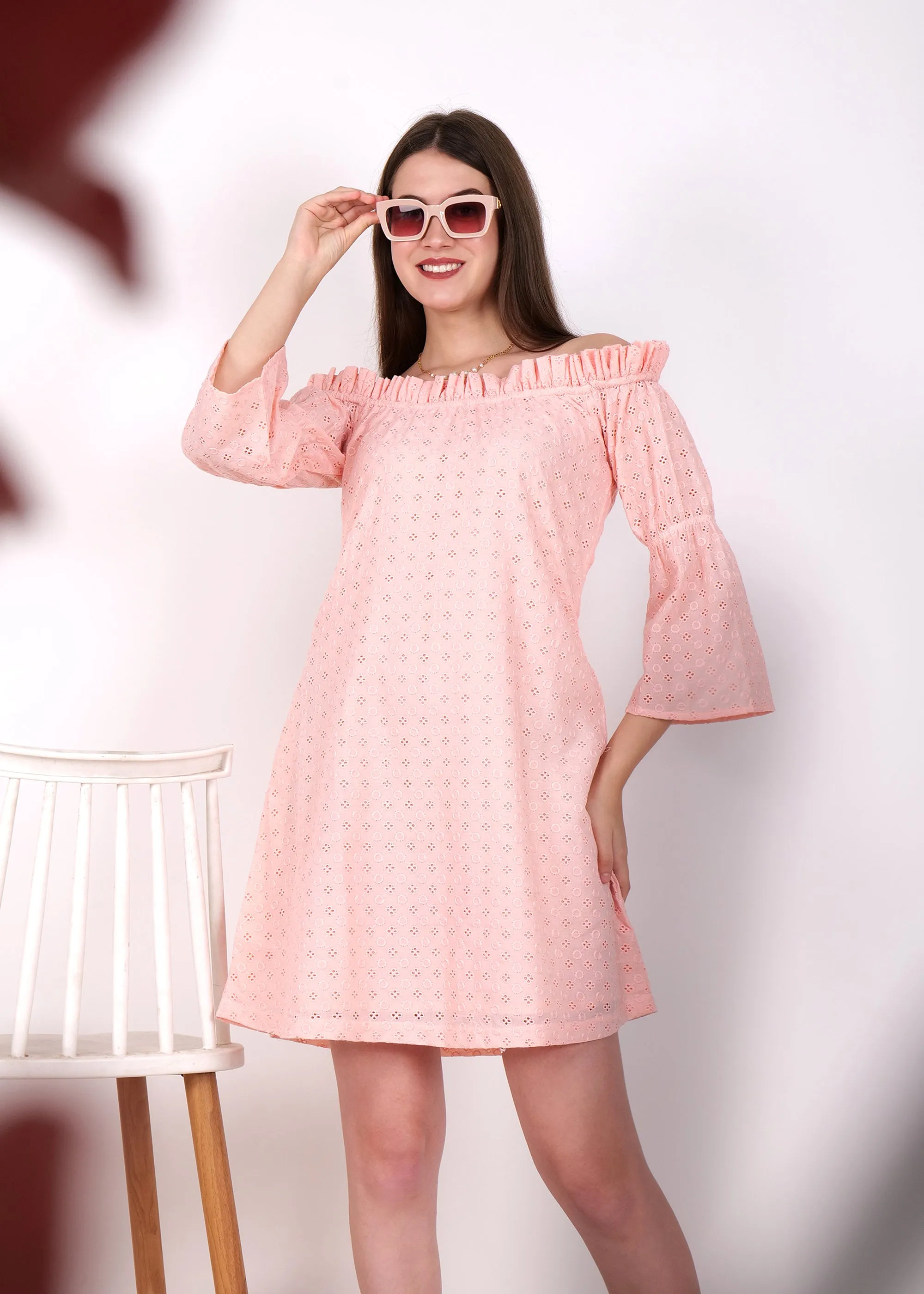 Blush Pink Off-Shoulder Eyelet Dress