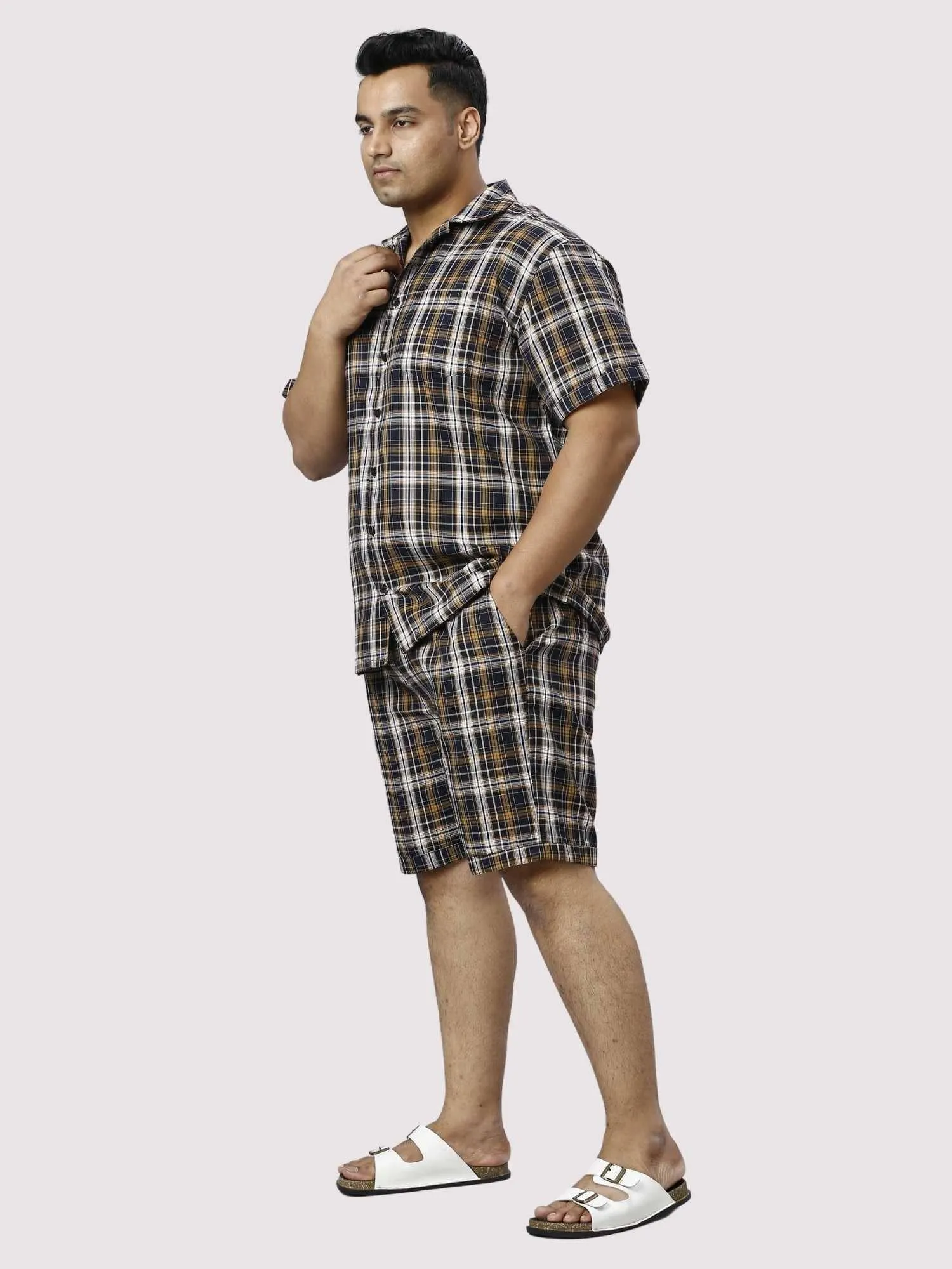 Brown Derby Checks Printed Half Co-ords Set Men's Plus Size