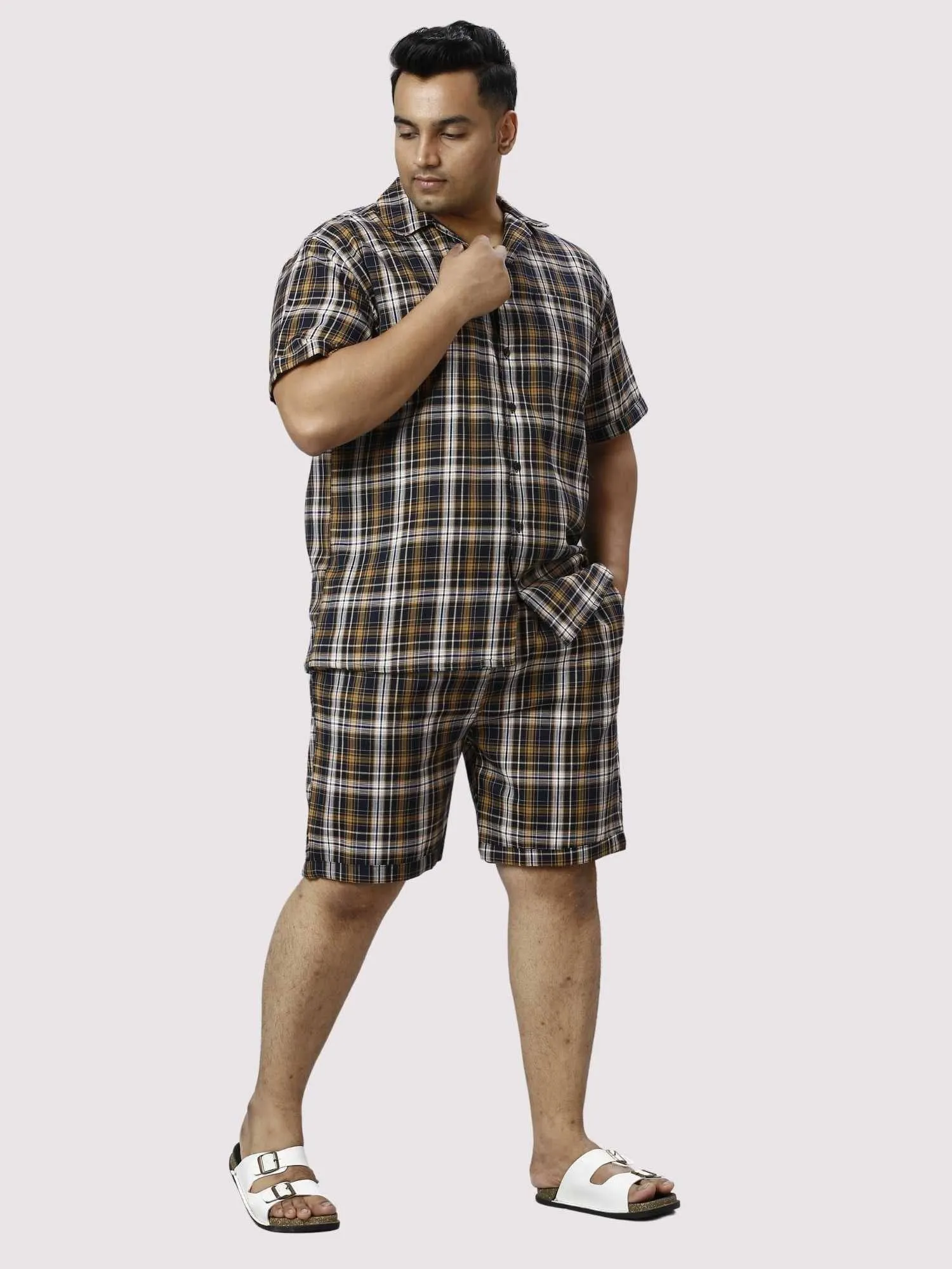 Brown Derby Checks Printed Half Co-ords Set Men's Plus Size