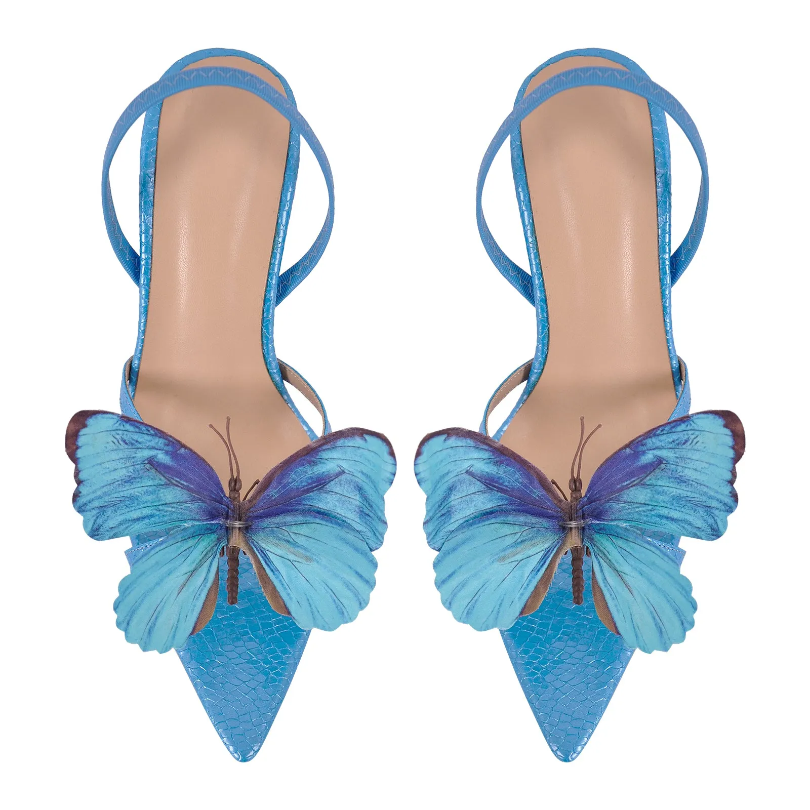 Butterfly Pointed Toe Clear Heel Slingback Sandals