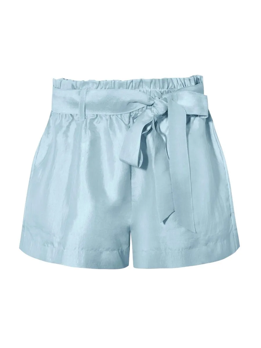 Charlotte Silk Taffeta Belted Bag Waist Shorts - Soft Blue