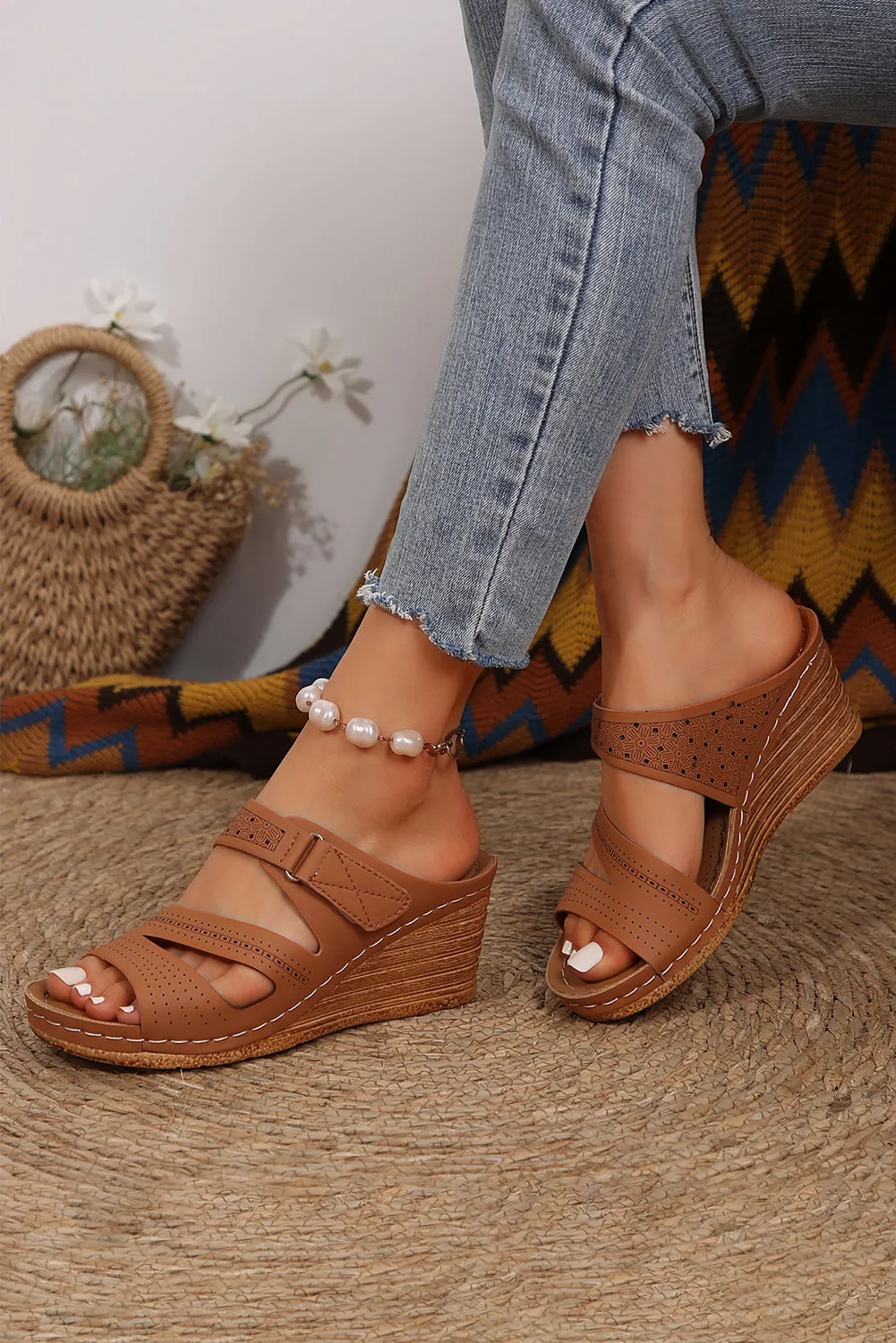 Chestnut Peep Toe Hollow Out Wedge Slide Sandals