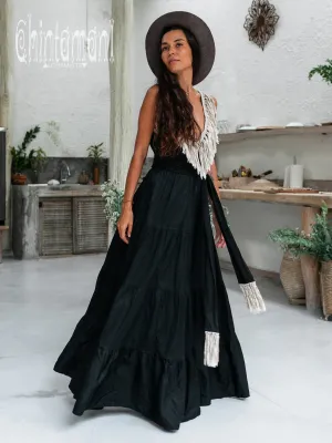 Cotton Maxi Tiered Dress with Fringes / Black