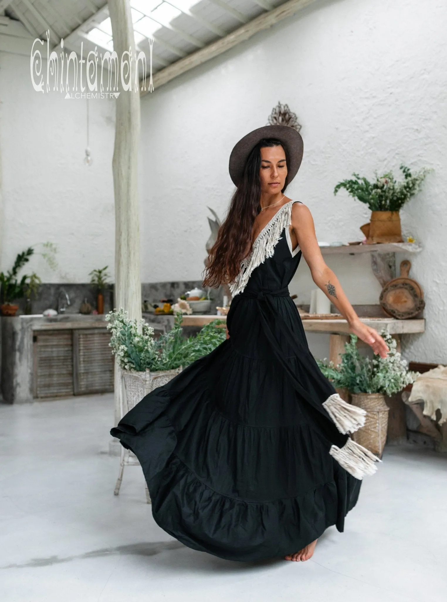 Cotton Maxi Tiered Dress with Fringes / Black