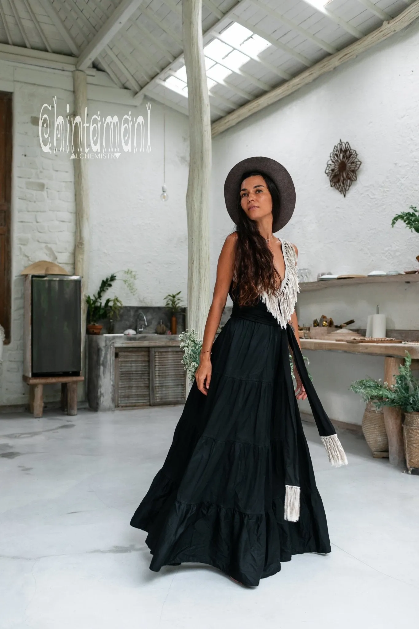 Cotton Maxi Tiered Dress with Fringes / Black