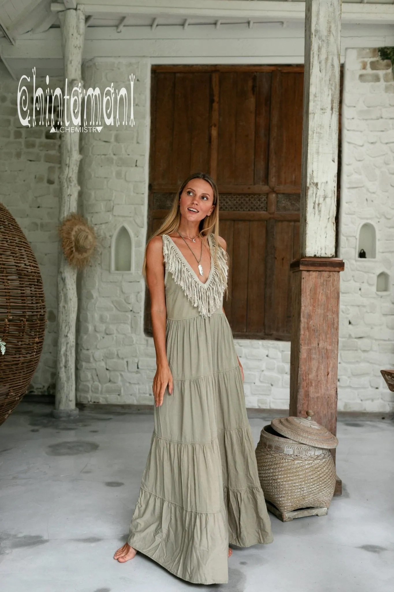 Cotton Maxi Tiered Dress with Fringes / Sage Green