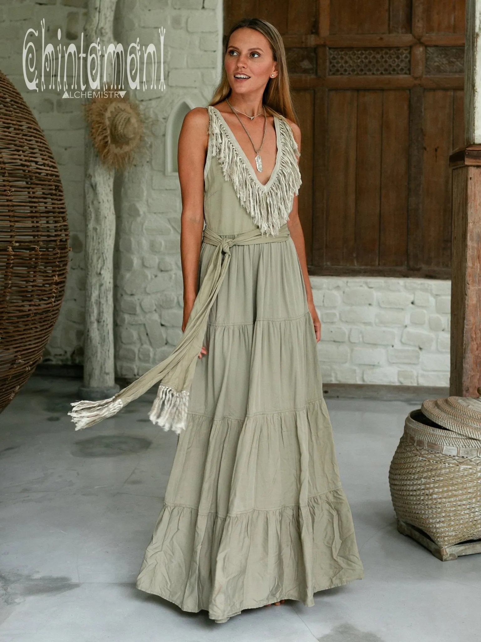 Cotton Maxi Tiered Dress with Fringes / Sage Green