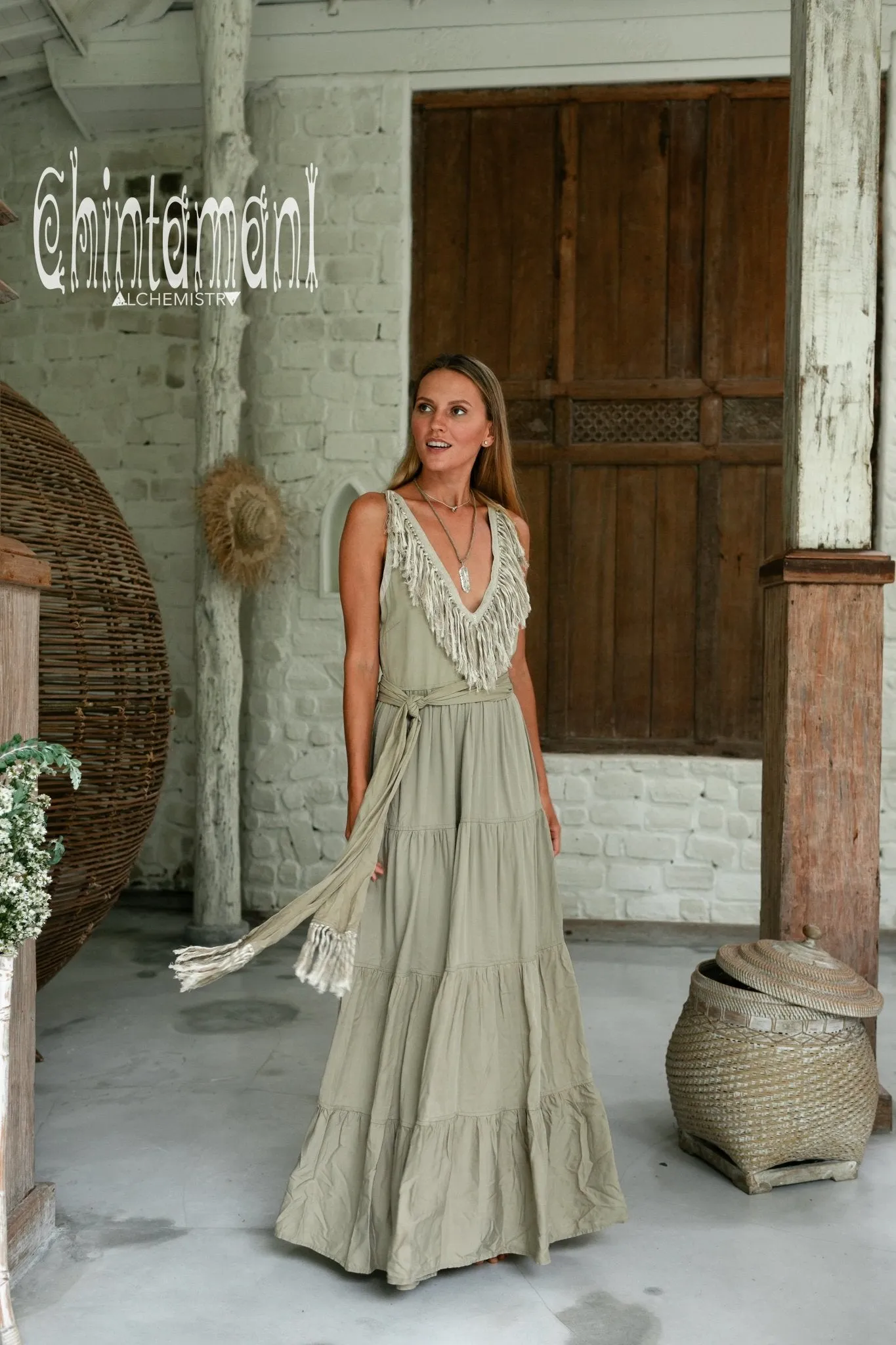 Cotton Maxi Tiered Dress with Fringes / Sage Green