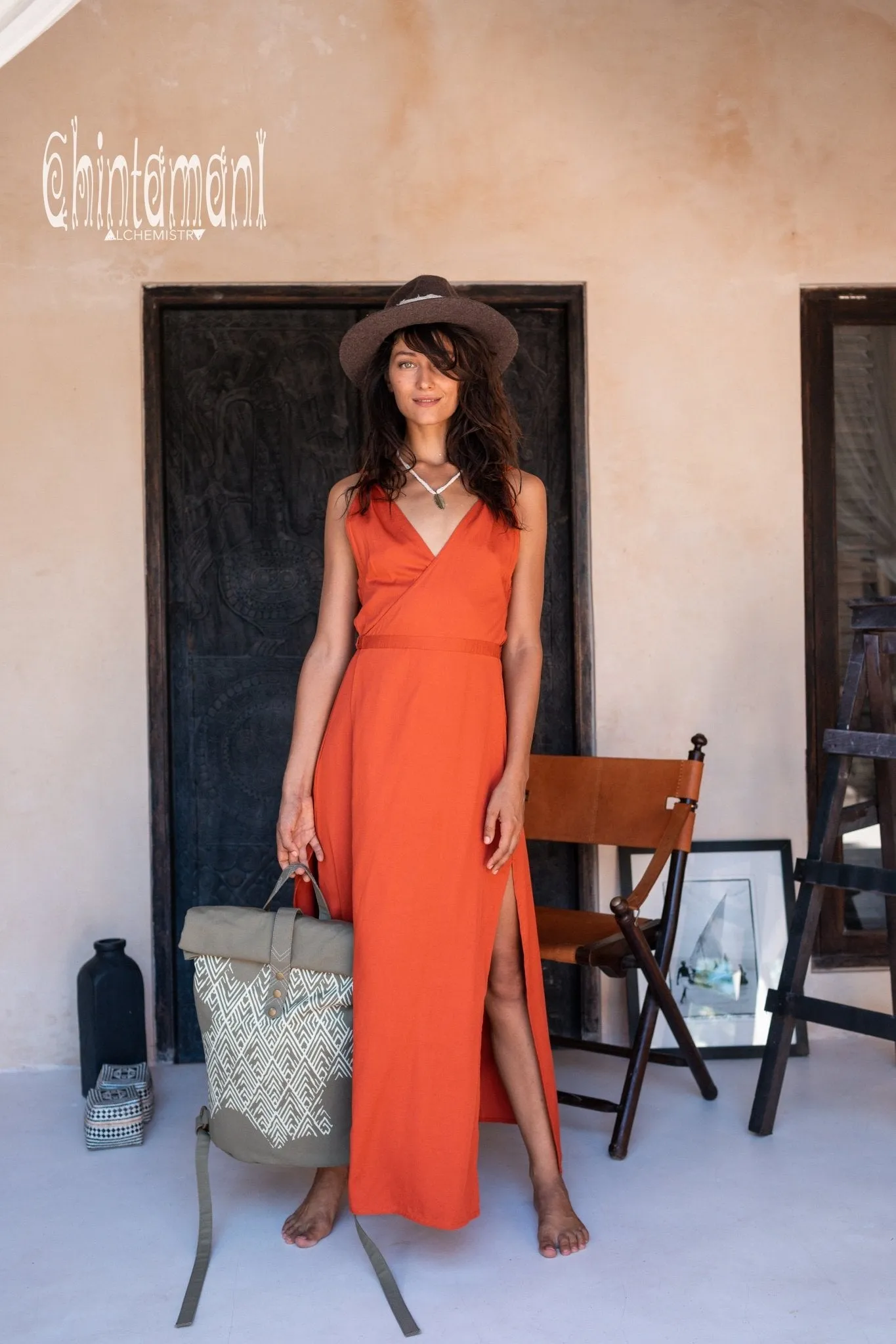 Cotton Sleeveless Wrap Dress / Red Ochre