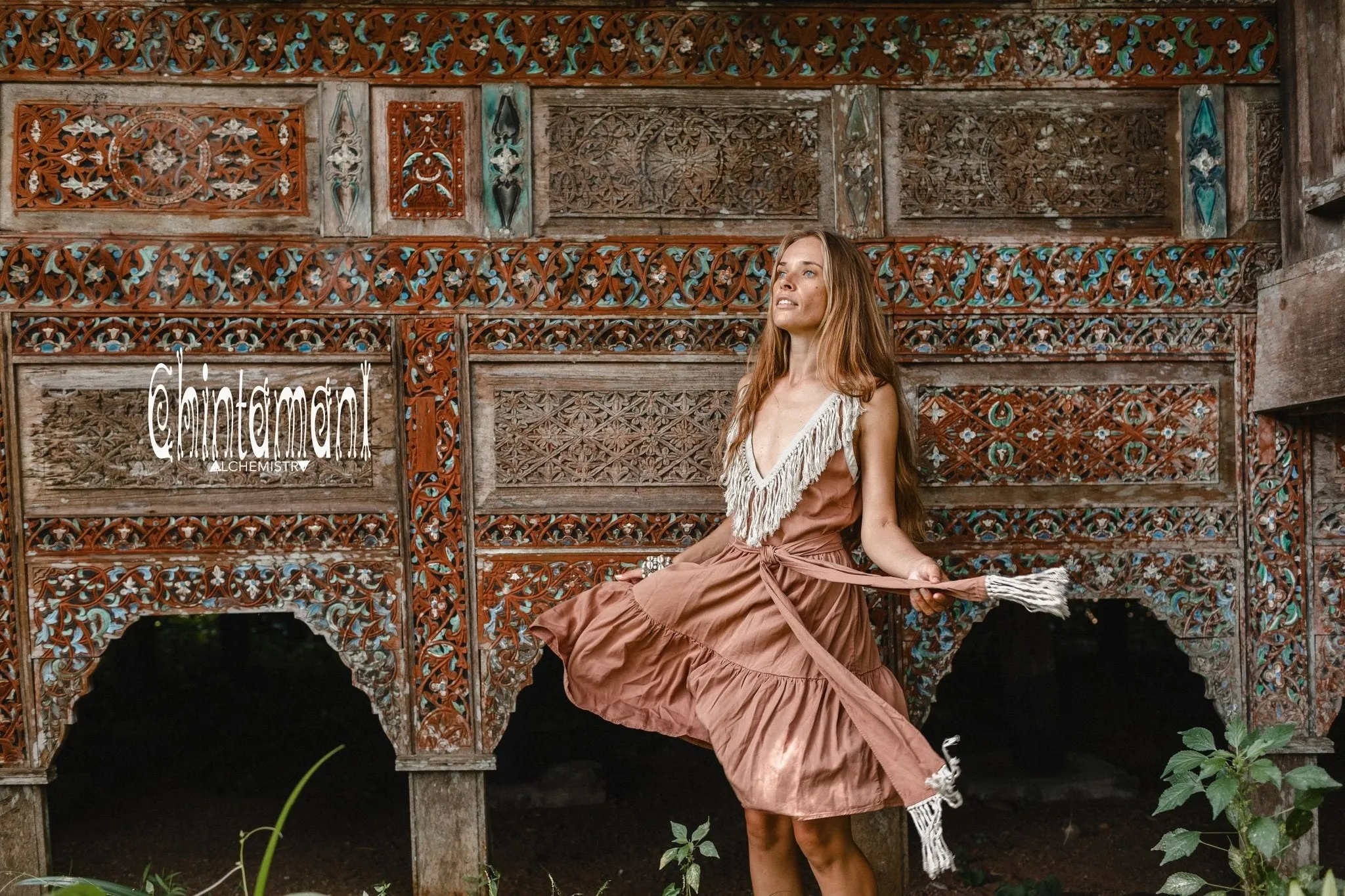 Cotton Tiered Midi Dress with Fringes / Dusty Pink