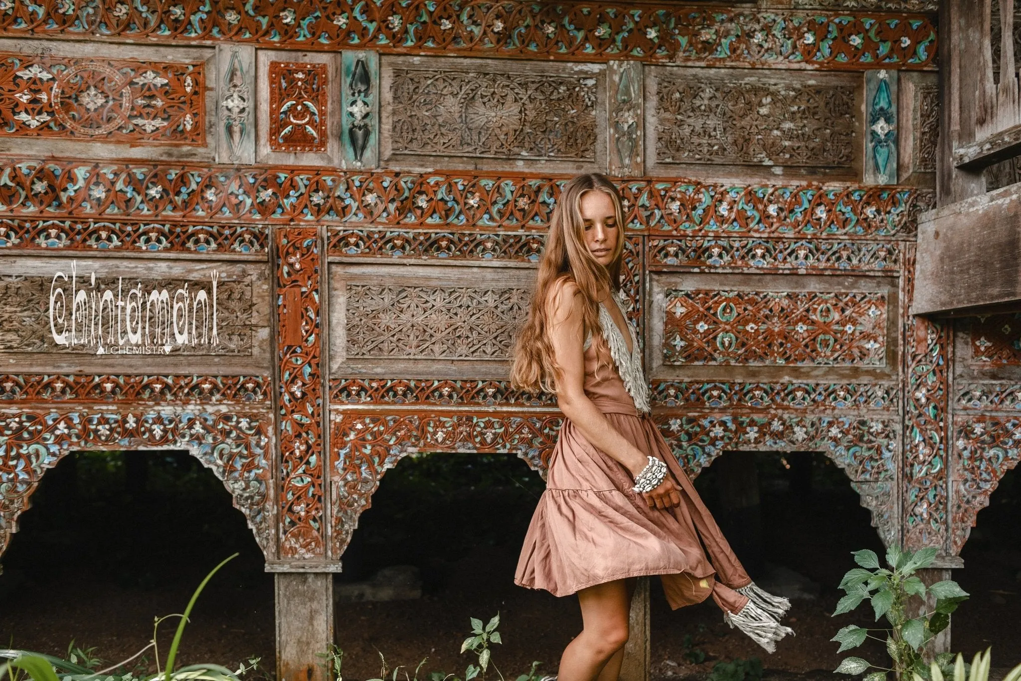 Cotton Tiered Midi Dress with Fringes / Dusty Pink