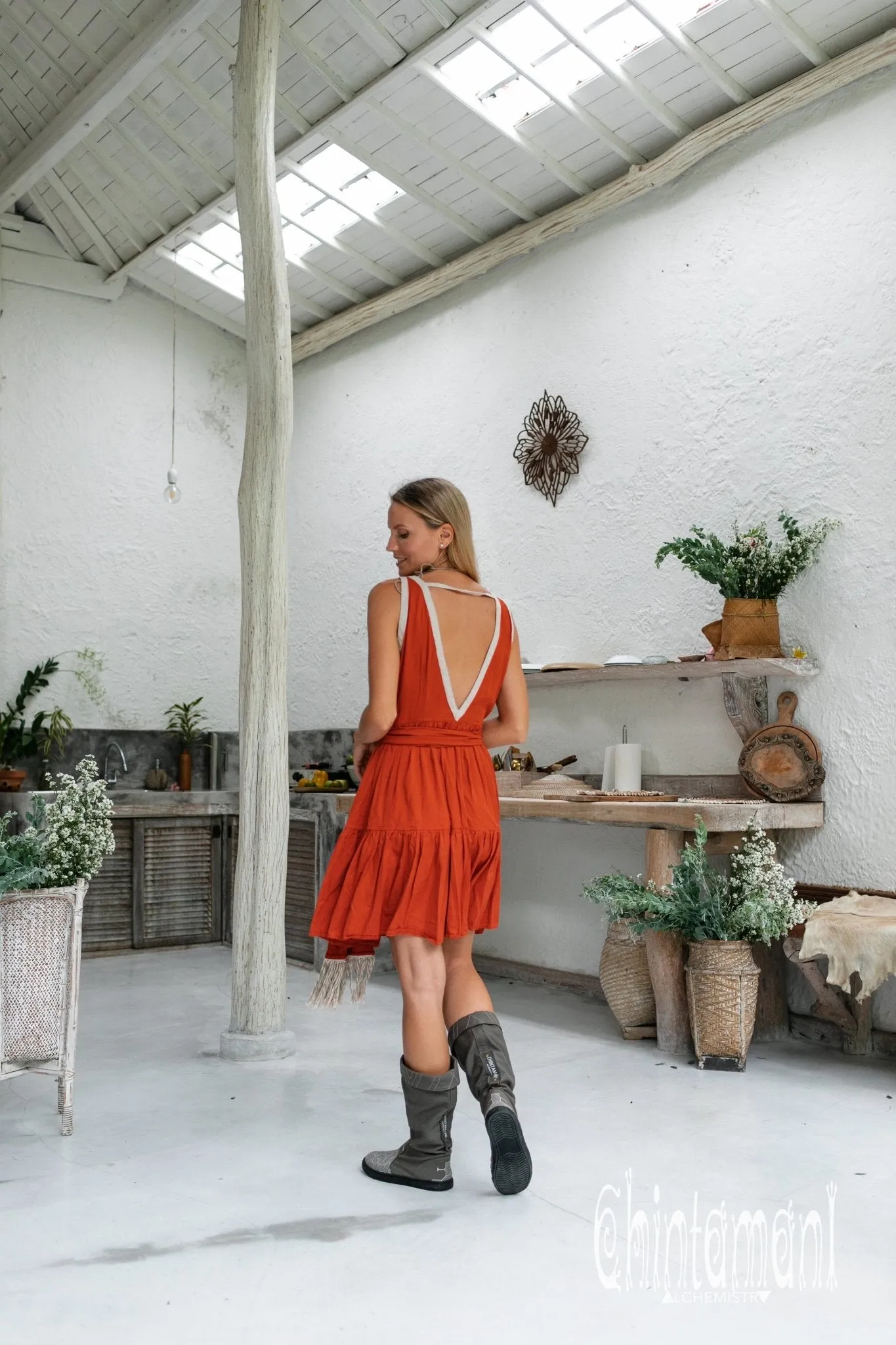 Cotton Tiered Midi Dress with Fringes / Red Ochre