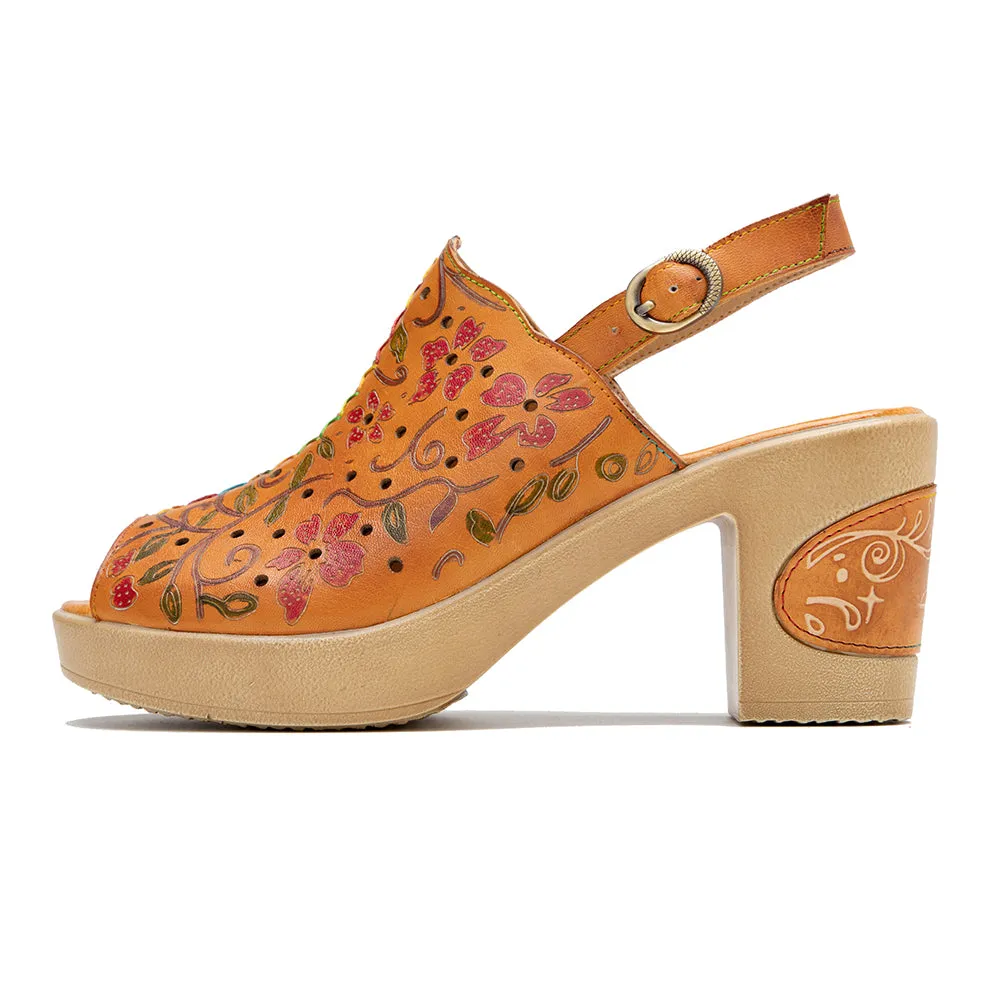 CrazycatZ Leather Block Heel Roman Sandals,Women Leather Bohemian Colorful Sandal Orange