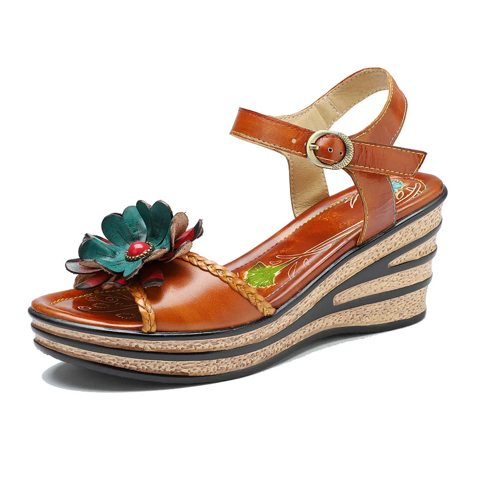 CrazycatZ Leather WedgedRoman Sandals,Women Leather Bohemian Colorful Floral Sandal 1003