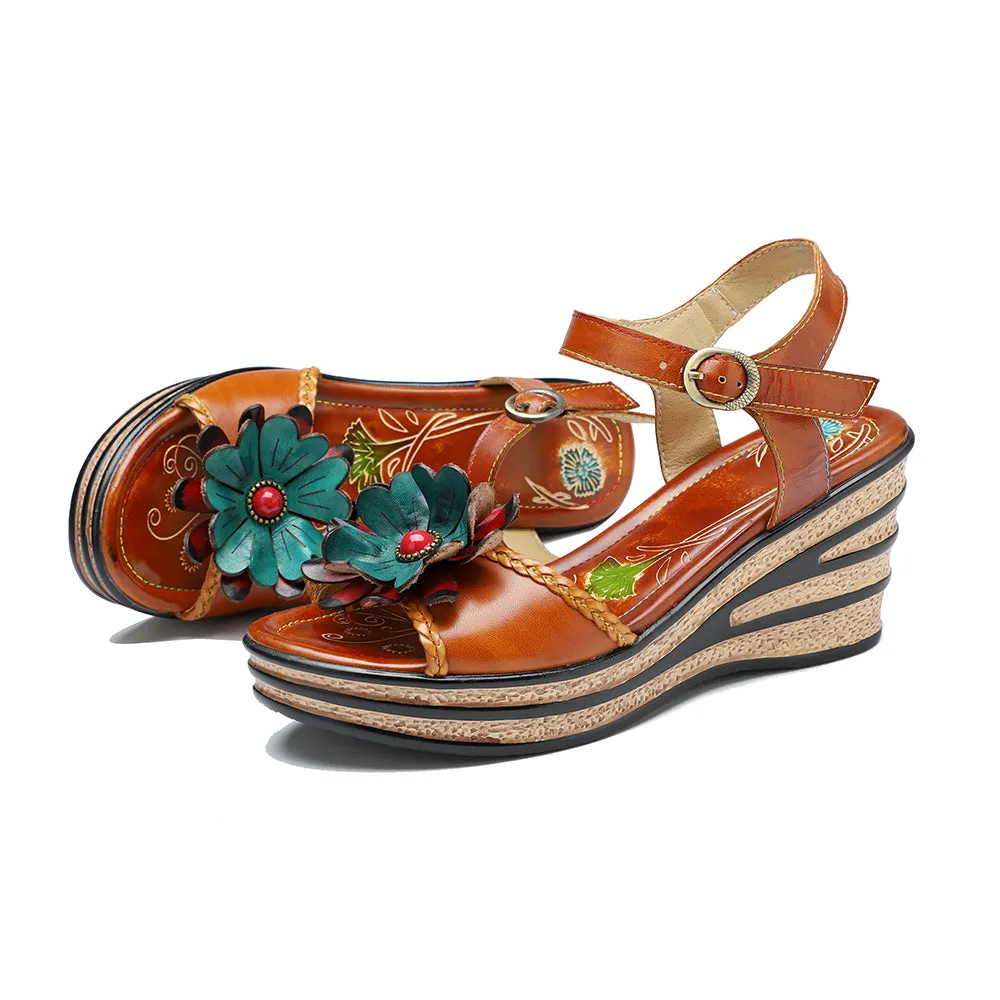 CrazycatZ Leather WedgedRoman Sandals,Women Leather Bohemian Colorful Floral Sandal 1003