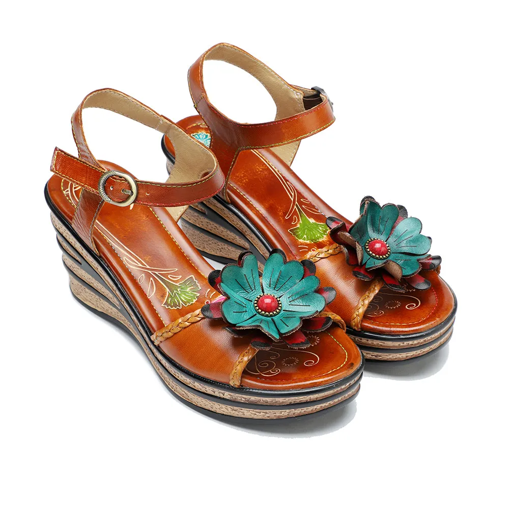 CrazycatZ Leather WedgedRoman Sandals,Women Leather Bohemian Colorful Floral Sandal 1003