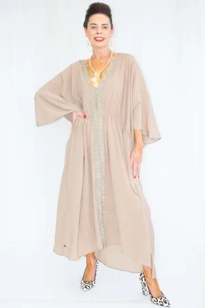 Delaney Deep V Neck Dress in Warm Beige