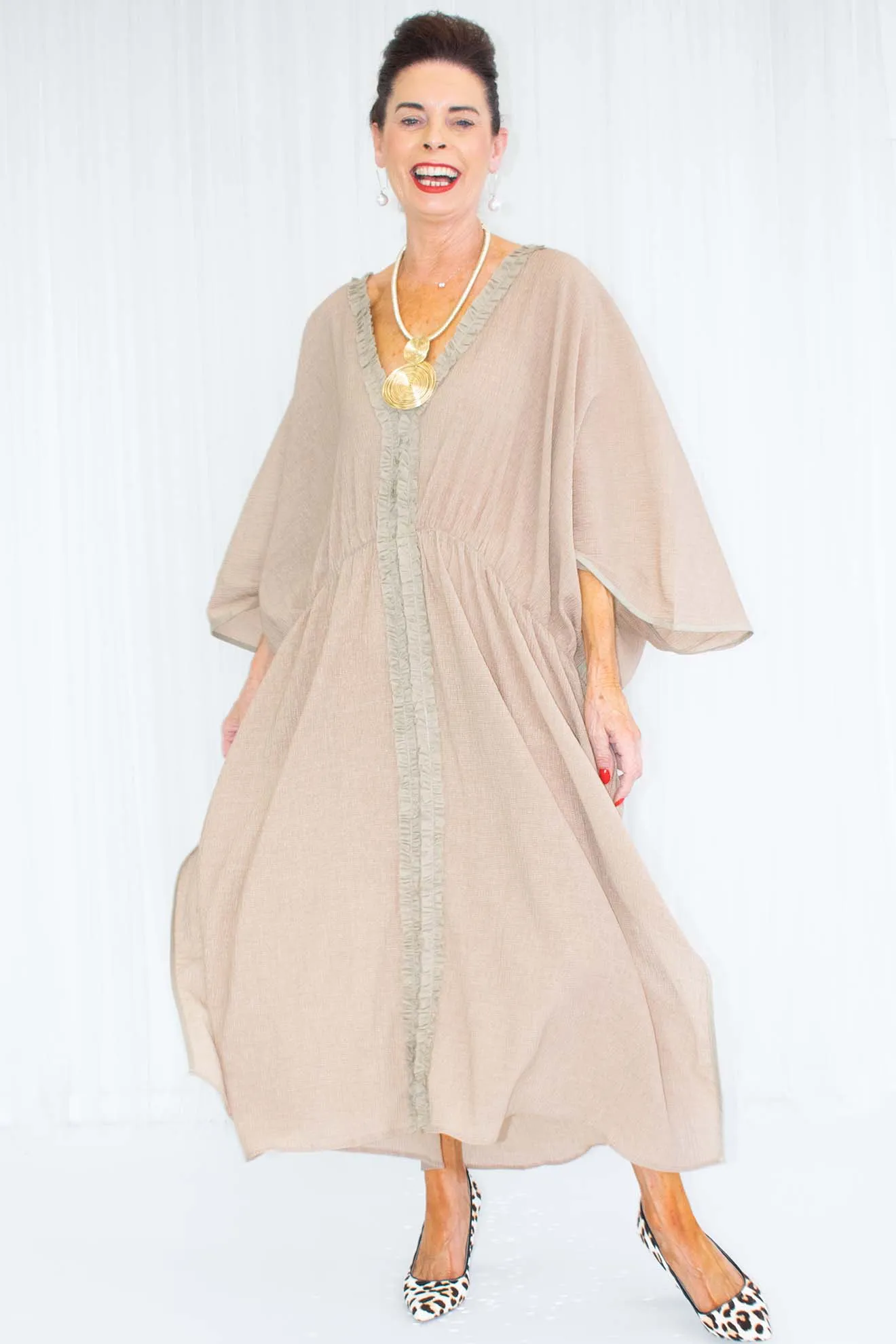 Delaney Deep V Neck Dress in Warm Beige