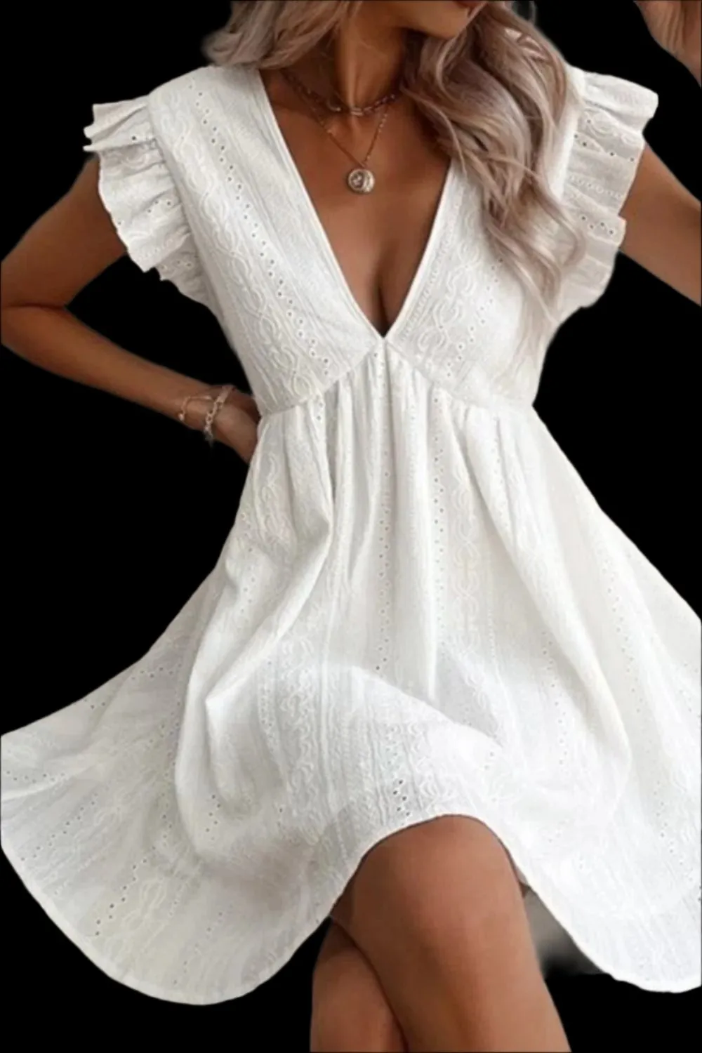 Eyelet Ruffled Cap Sleeve Mini Dress