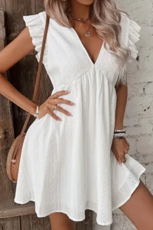 Eyelet Ruffled Cap Sleeve Mini Dress