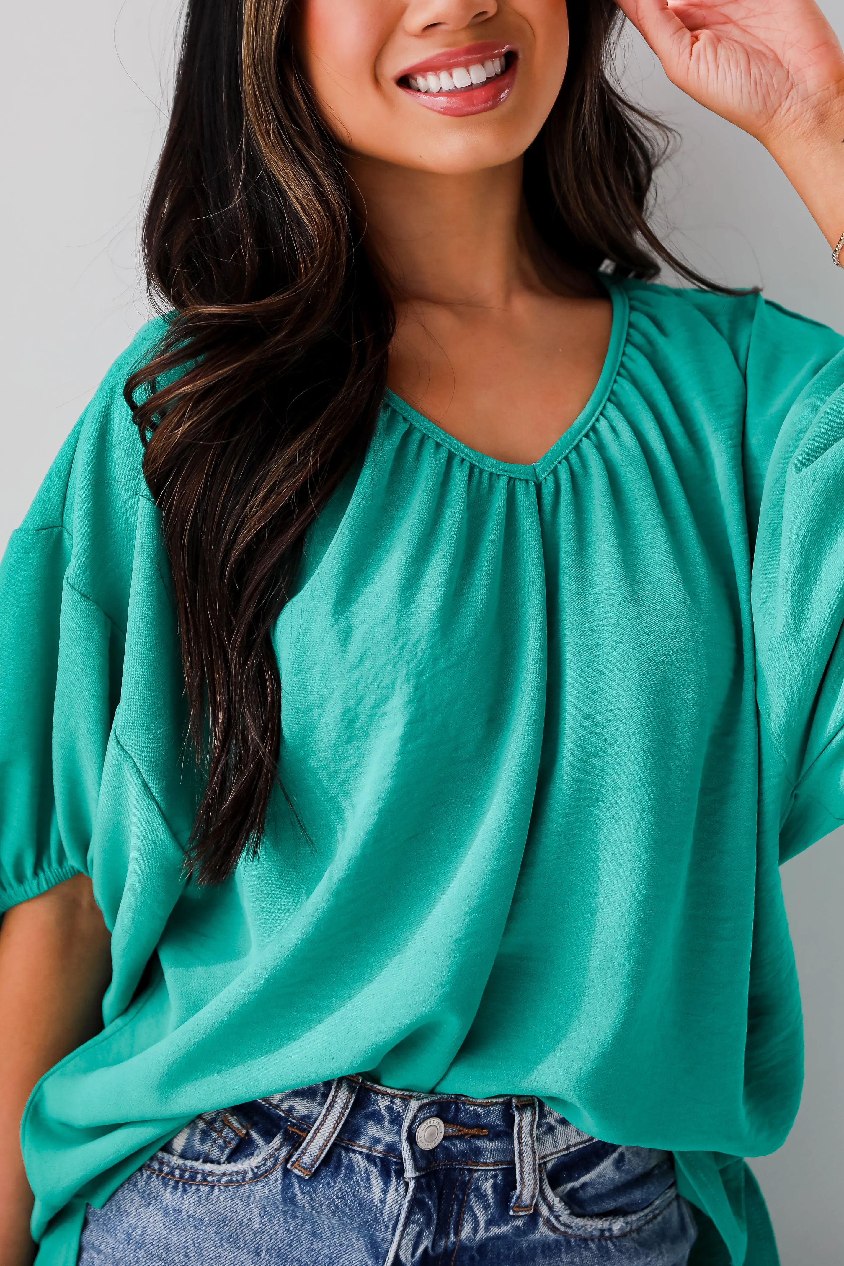 FINAL SALE - Sophisticated Decision Green Puff Sleeve Blouse